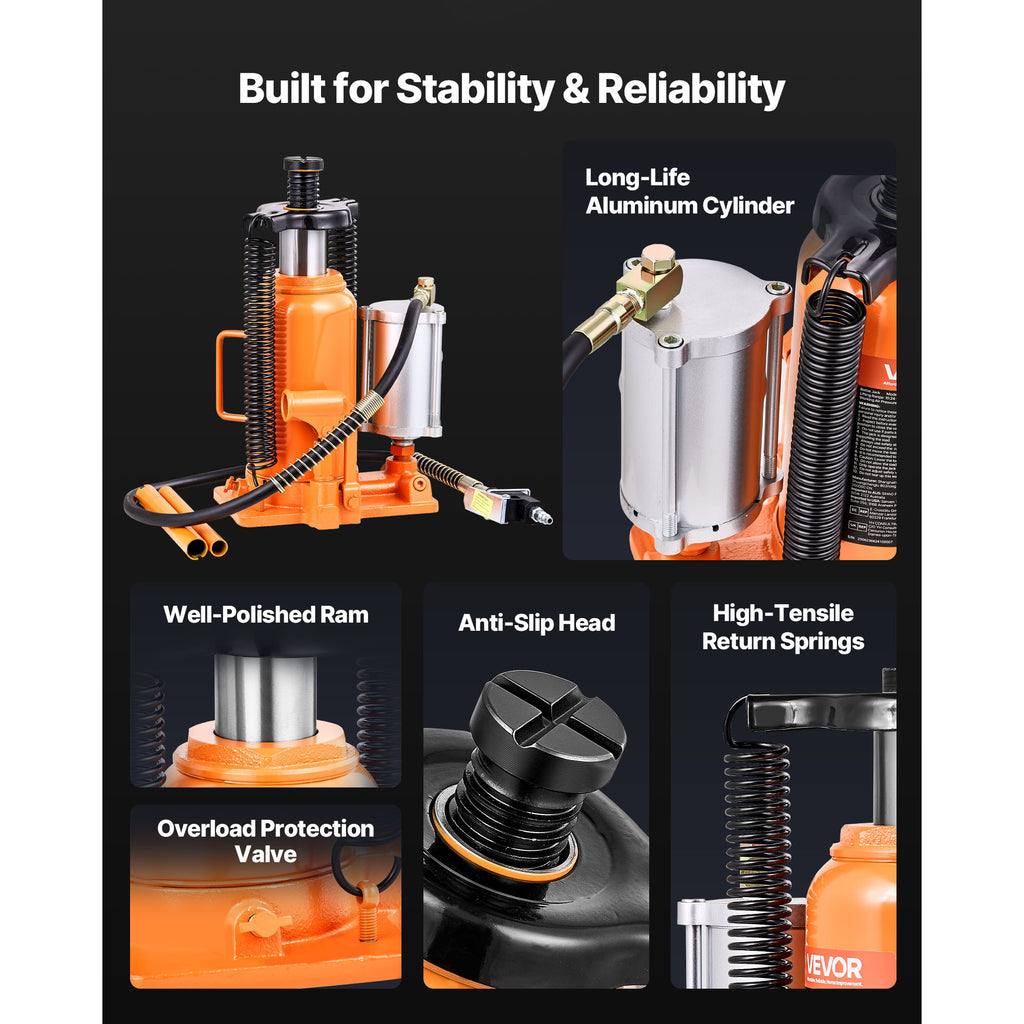 VEVOR Air Hydraulic Jack, 20 Ton (44,092 lbs) Capacity, 10.2-19.5 Inch Lifting Range, Pneumatic/Manual Heavy Duty Welded Jack with Pump, for Car, SUV, Pickup, Truck, RV Repair, Orange