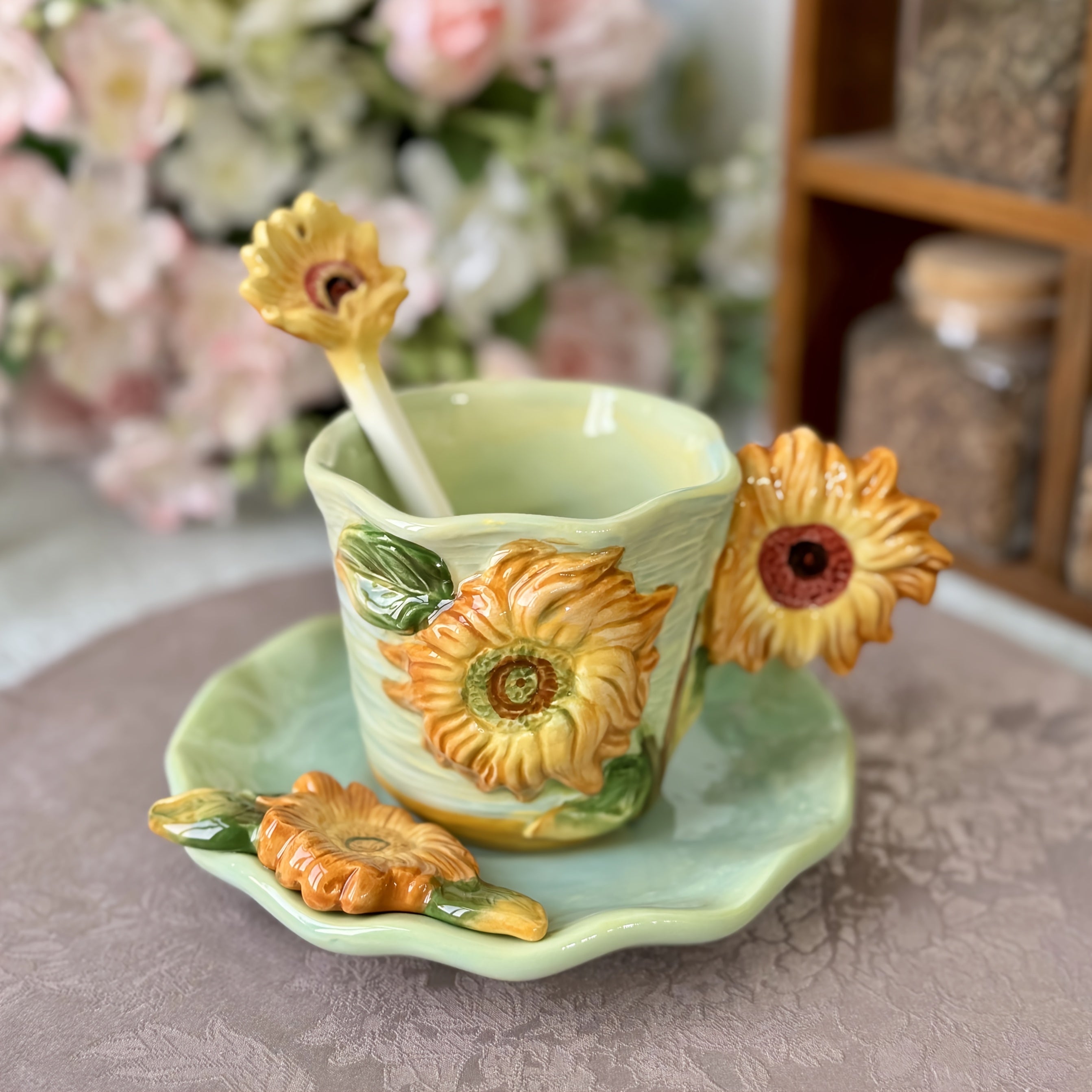 1 Set Ceramic Hand-Painted Van Gogh Classic Oil Painting Cup & Saucer Set, 1PC 3D Handmade Starry Sky, Almond Blossom, Sunflower, Iris Tea Cup & Coffee Cup, 1PC Round Saucer, 1PC Spoon, Exquisite Table Décor