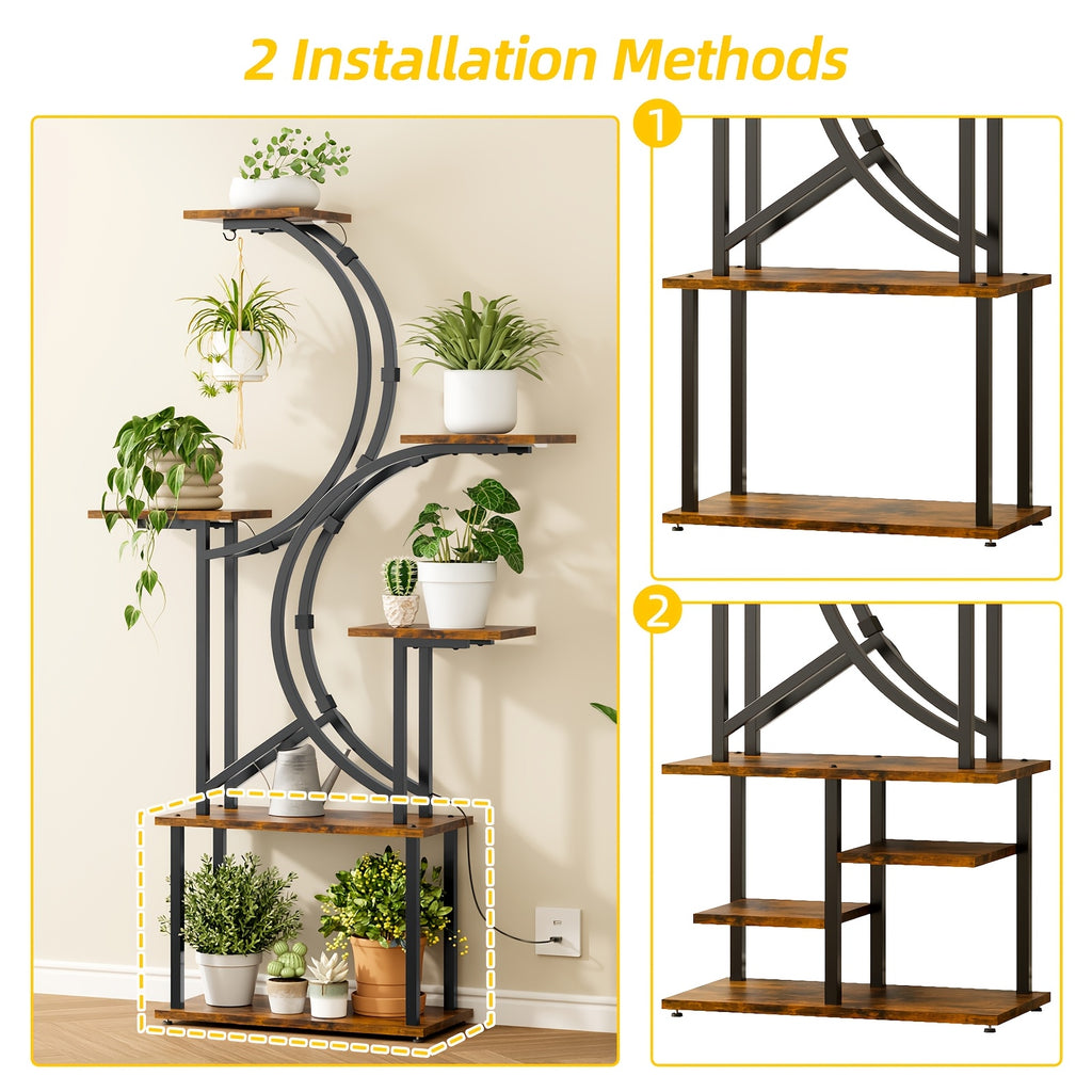 Indoor Plant Stand with Grow Light, 6/7-Tier Multi-layer Large Polygonal Metal Curved Display Shelf, Ideal for Balcony, Home Decor and Christmas Decoration