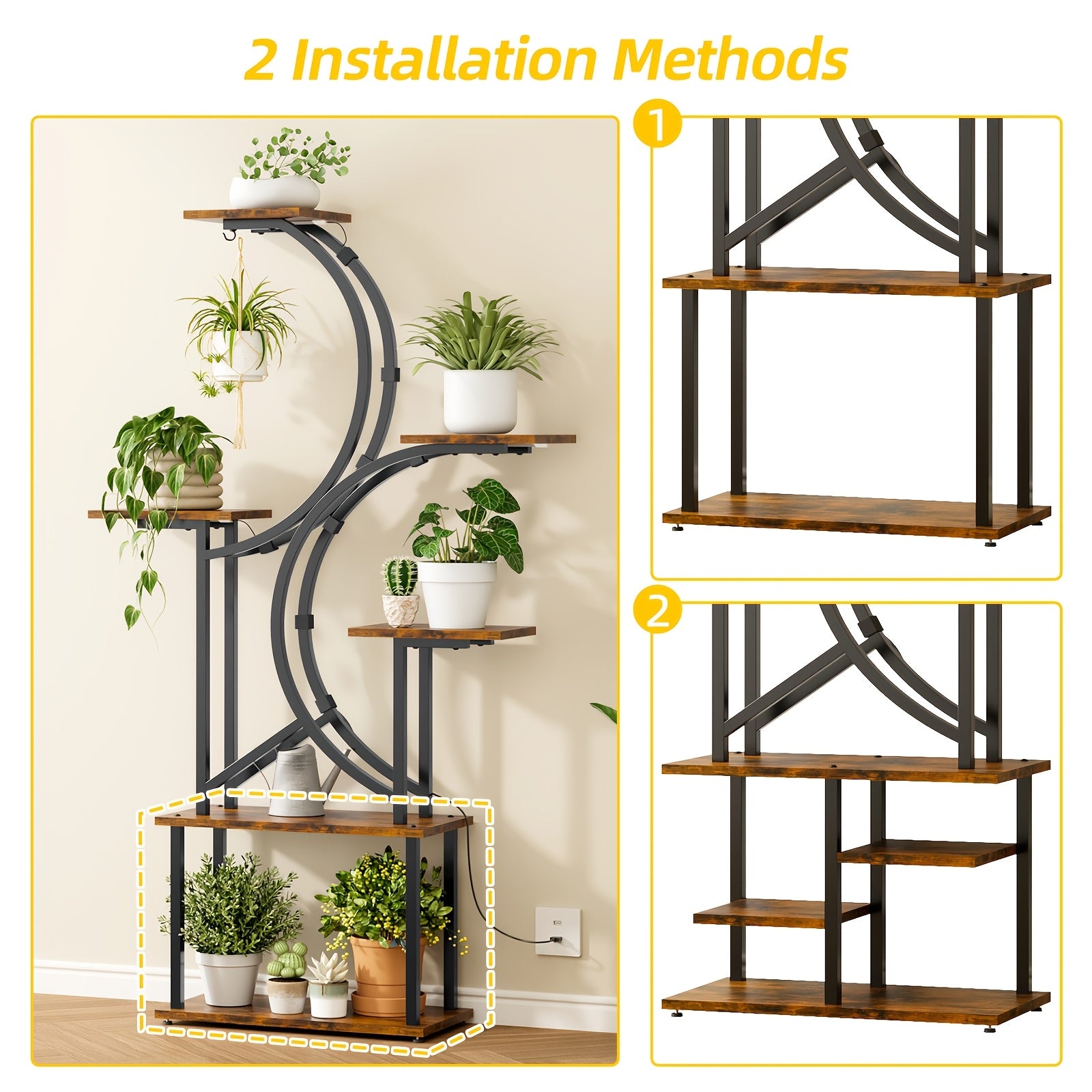 Indoor Plant Stand with Grow Light, 6/7-Tier Multi-layer Large Polygonal Metal Curved Display Shelf, Ideal for Balcony, Home Decor and Christmas Decoration