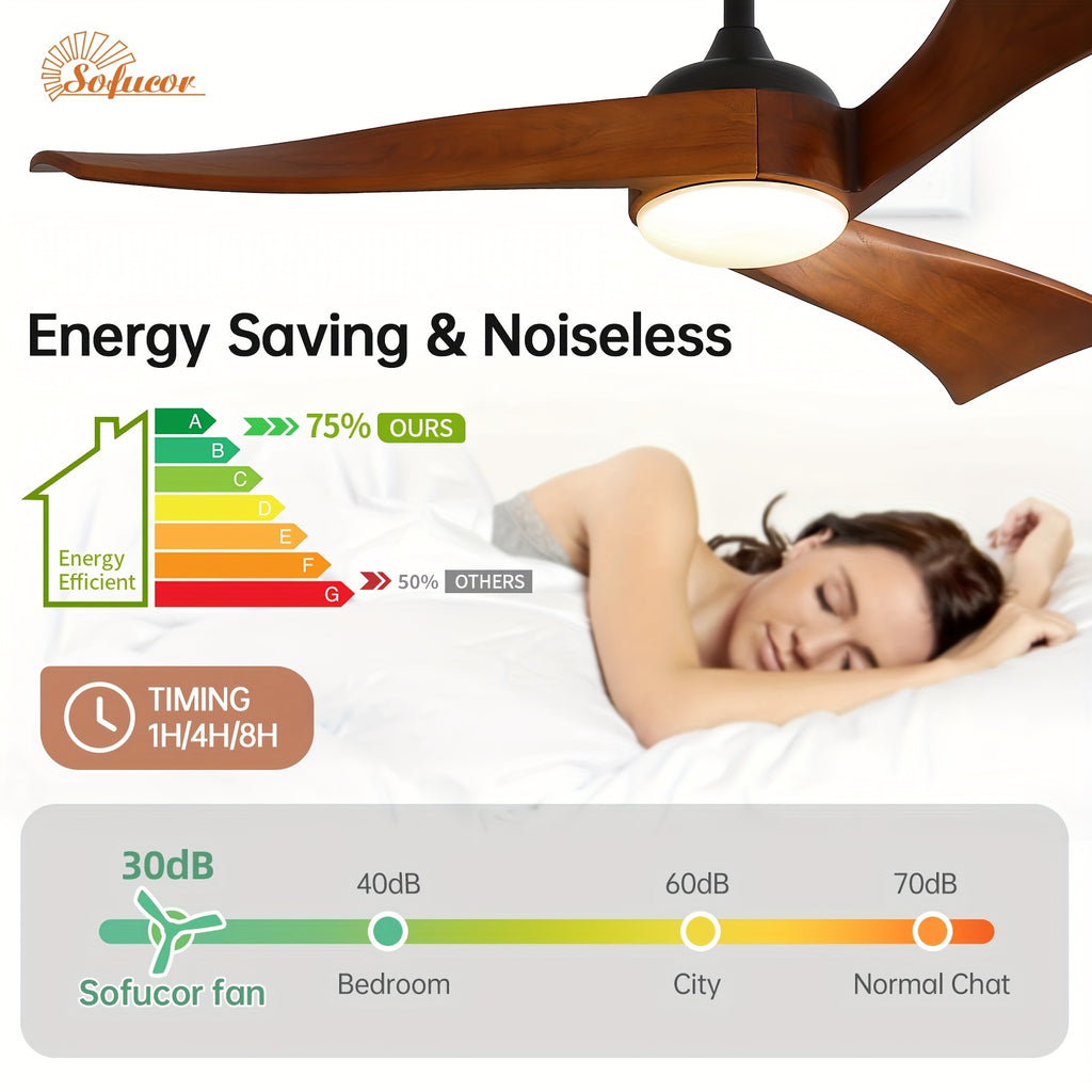 Sofucor 52 Inch Large Modern Ceiling Fan with Light, Smart Remote Control Ceiling Fan, 3 Solid Wood Blades, Reversible DC Motor, 6 Speed Settings, 1/4/8 Hour Timer, LED Lighting