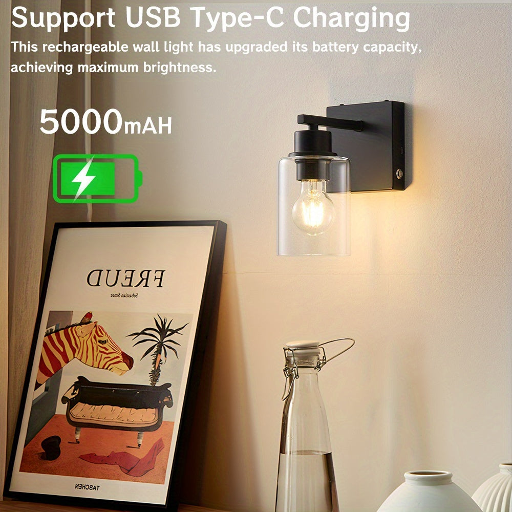 Battery Operated Wall Light Set 2/1, Rechargeable, Dimmable, Remote Control, Touch Control, USB-C Charging, Suitable for Living Room, Bedroom Black (Bulbs Included)