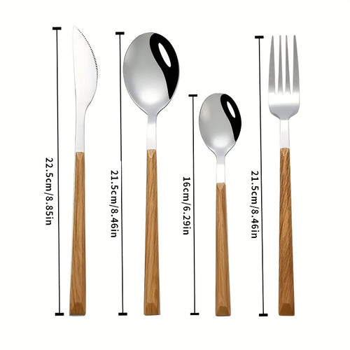 12-Piece Stainless Steel Cutlery Set with Faux Wood Handles – Includes Knives, Forks, Spoons & Coffee Spoons – Dishwasher Safe – Perfect for Home, Catering, Hotel Parties, Weddings