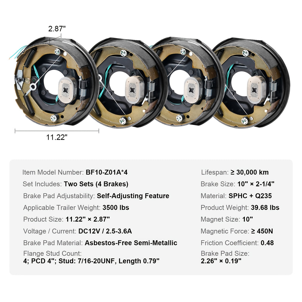 2 Pairs VEVOR Self-Adjusting Electric Trailer Brakes, 10 Inch X 2-1/4 Inch Iron Material, Operating Voltage 36-100V, 3500 Lbs Bearing Capacity, 4-Hole Mount, Replacement Brake System Backing Plate - Room Electrical / Hardwired