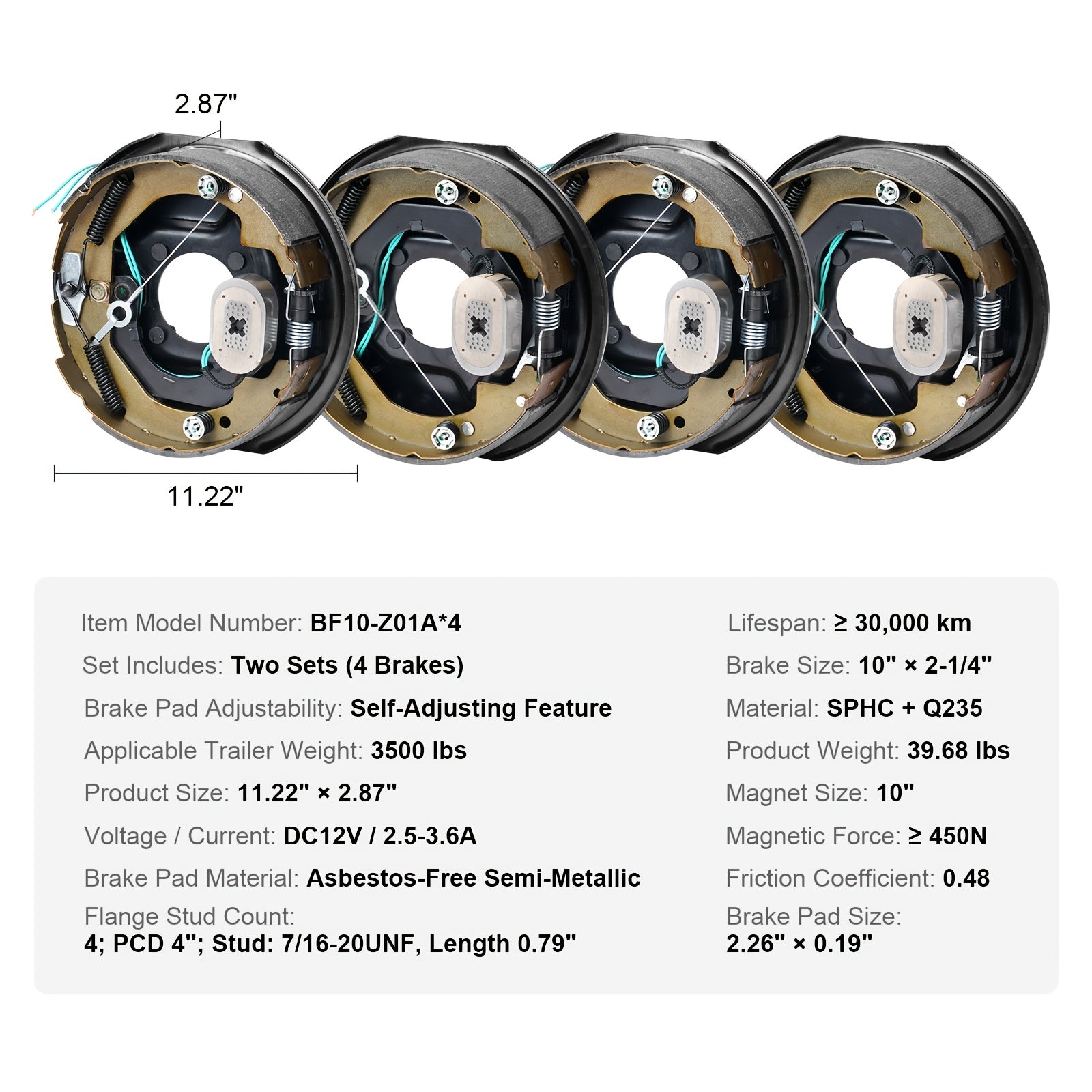 2 Pairs VEVOR Self-Adjusting Electric Trailer Brakes, 10 Inch X 2-1/4 Inch Iron Material, Operating Voltage 36-100V, 3500 Lbs Bearing Capacity, 4-Hole Mount, Replacement Brake System Backing Plate - Room Electrical / Hardwired