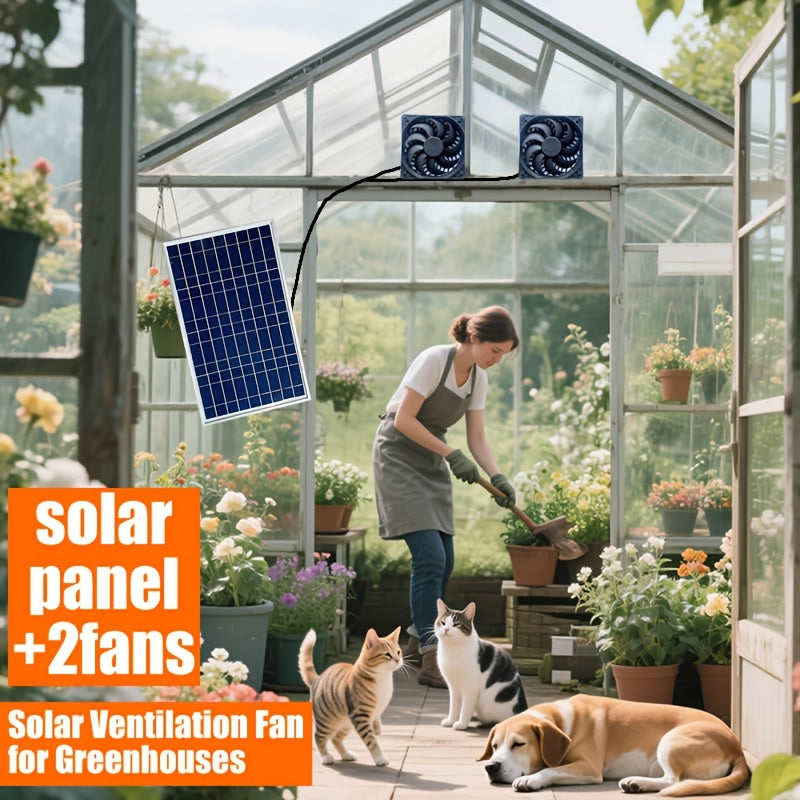 High-Efficiency Solar & Wind Powered Dual Fan Set for Material Handling Industrial Plants, Black, Window Exhaust Duct, Outdoor Air Circulation, Solar Powered, Eco-Friendly, Greenhouse Ventilation, Shed Cooling
