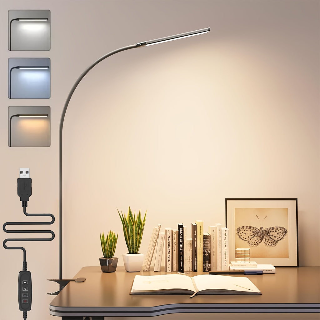 Clip-on desk lamp, soft gooseneck freely adjustable, adjustable brightness and dimmable, one-key switch: white light (efficient work), warm yellow (comfortable leisure), yellow light (romantic atmosphere), suitable for living rooms, studies