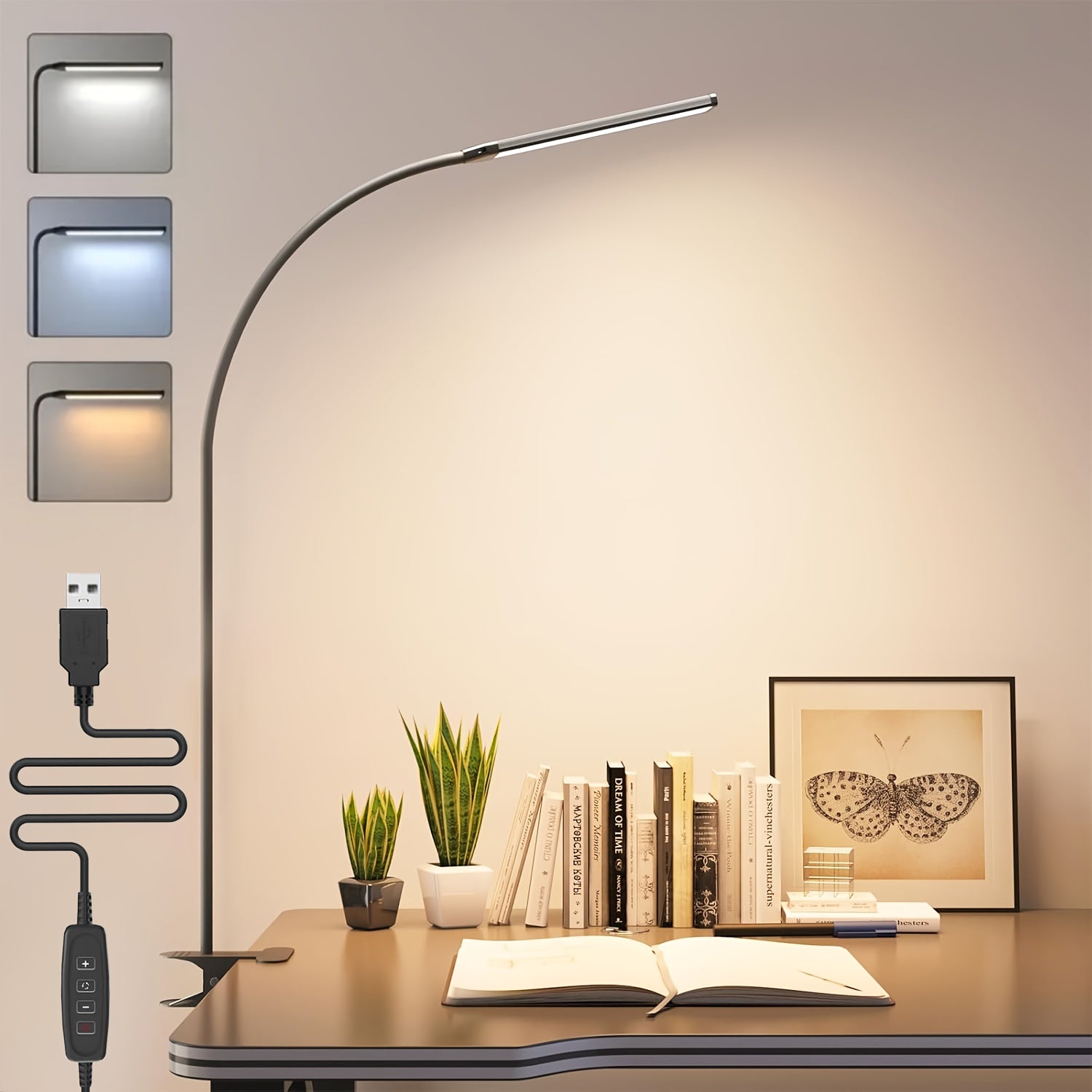 Clip-on desk lamp, soft gooseneck freely adjustable, adjustable brightness and dimmable, one-key switch: white light (efficient work), warm yellow (comfortable leisure), yellow light (romantic atmosphere), suitable for living rooms, studies