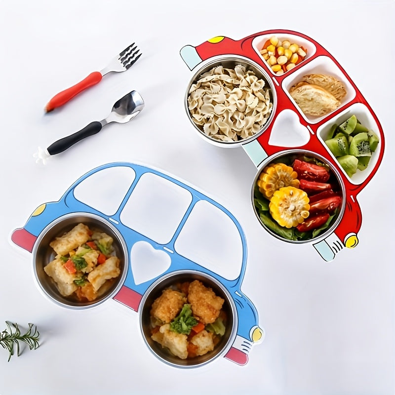 1 Set Divided Car-Shaped Tray Set with Lid & 2 Stainless Steel 304 Bowls, Cartoon Car Tray with Lid, Drop-Proof Home Cartoon Dinnerware, Unbreakable Tray, Kids‘ Cutlery Set