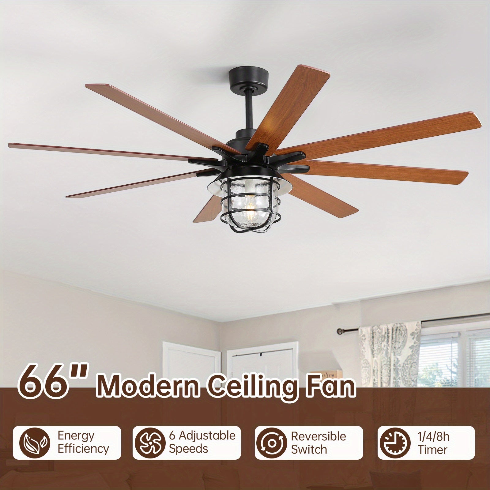 Sofucor 66 Inch Large Ceiling Fan with Light, 8 Blades Ceiling Fan with E26 Bulb & Remote Control, Ideal for Living Room & Dining Room, Ceiling Fan with Light