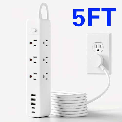 14-in-1 Black Power Strip with 9 Outlets, 3 USB Ports, 2 USB-C Ports, 5/10ft Extension Cord, Flat Plug, Wall-Mountable, Overload Protection, Power Socket Surge Protector - Suitable for Desktop Charging In Homes And Offices