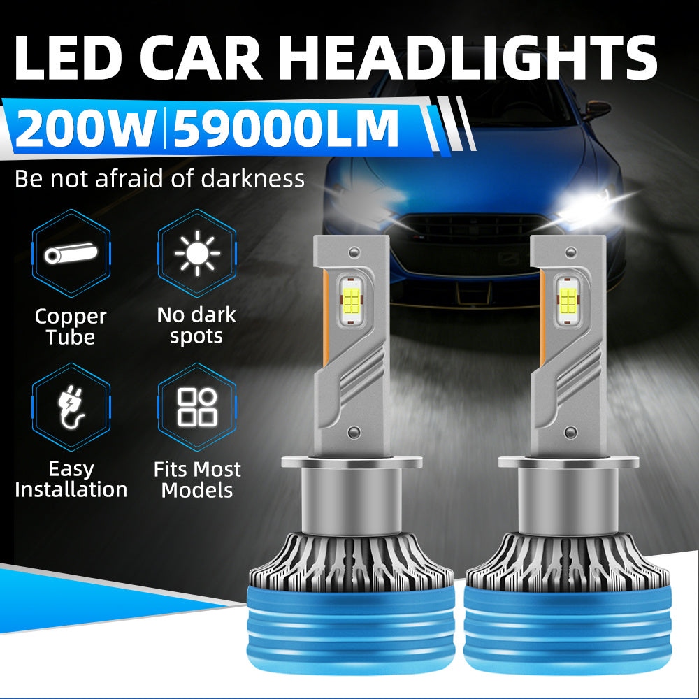 2 Pcs LED Car Headlights 200W 59000LM Super Bright White Turbo Fan Copper Tube No Black Spots Plug-and-Play Easy Installation 300m Lighting Range Fits Most Car Models, No Battery Included
