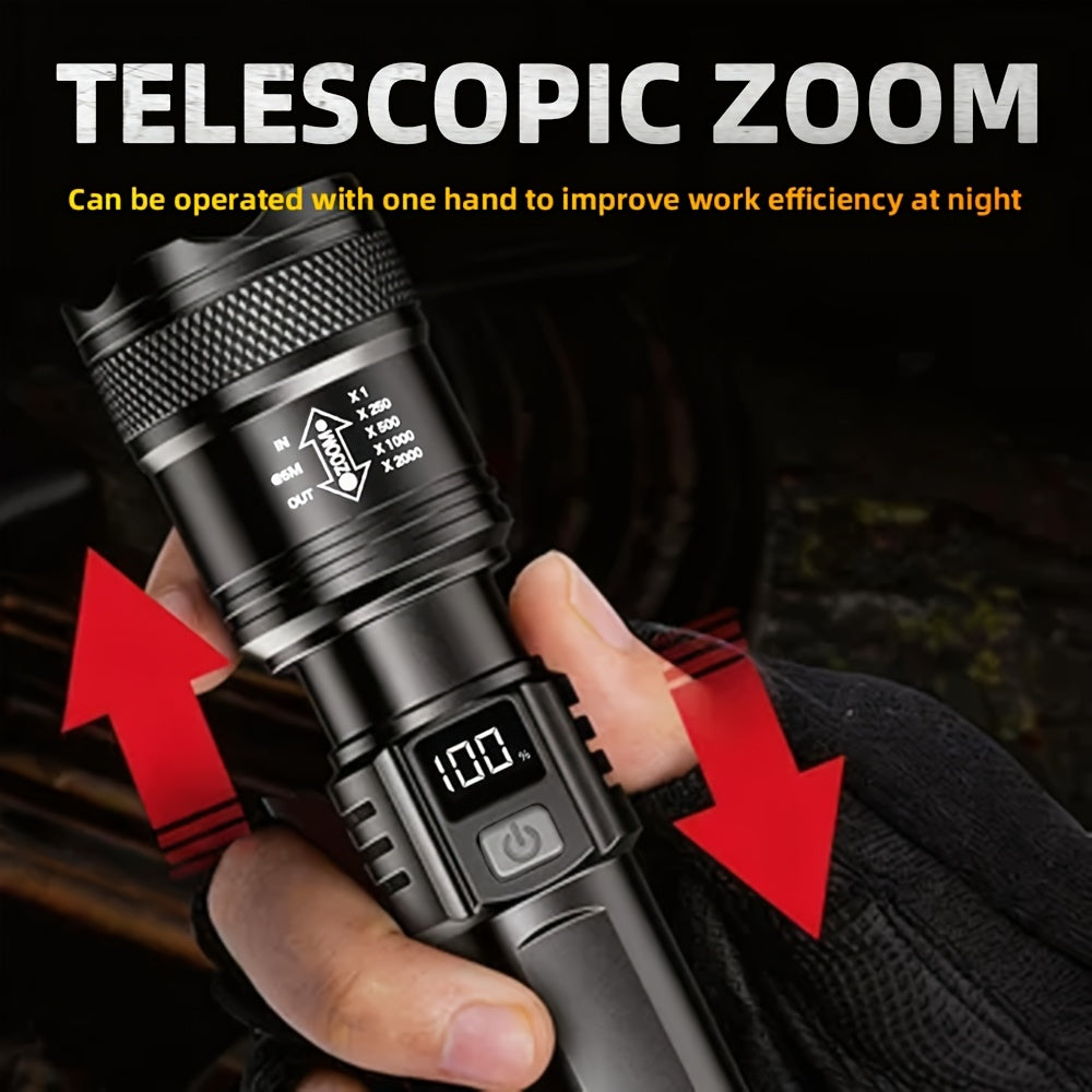 LED Flashlight, Telescopic Zoomable, Focus and Flood Dual Use, 3 Modes High Low Strobe Dimmable, Digital Power Display Real-Time Battery Level, USB Rechargeable Long Endurance, High Brightness Long Range