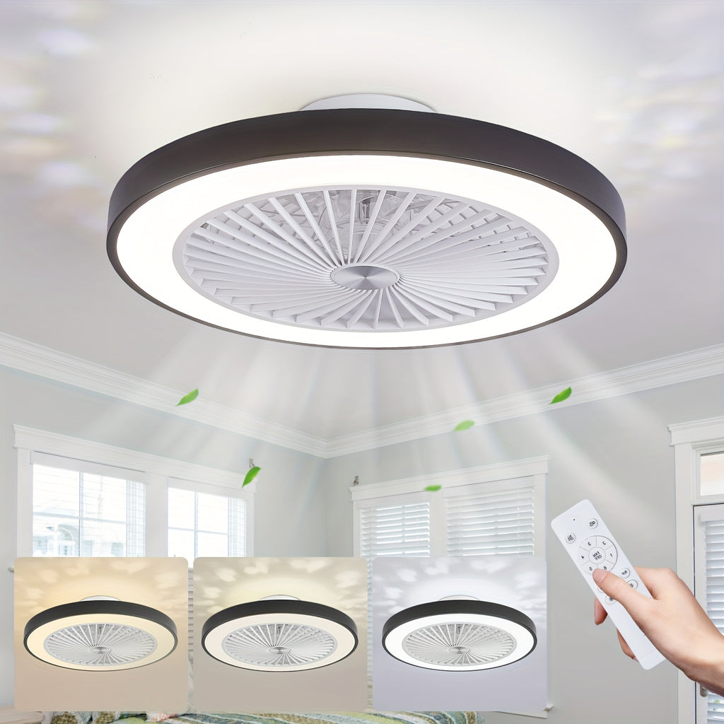 Modern Low Profile Ceiling Fan, 6 Speed Levels, Reversible Bladeless Design, 3000-6500K Dimmable LED Fan Light, Smart Timing Function, Suitable for Living Room, Bedroom, Office, Kitchen