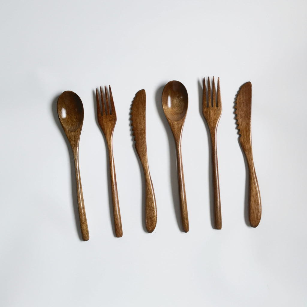 Handcrafted Nanmu Wood Cutlery Set – Solid Wood 22.5cm Knife, Fork & Spoon – Natural Wood Texture, Vintage Design, Simple Rustic Style Cutlery Set