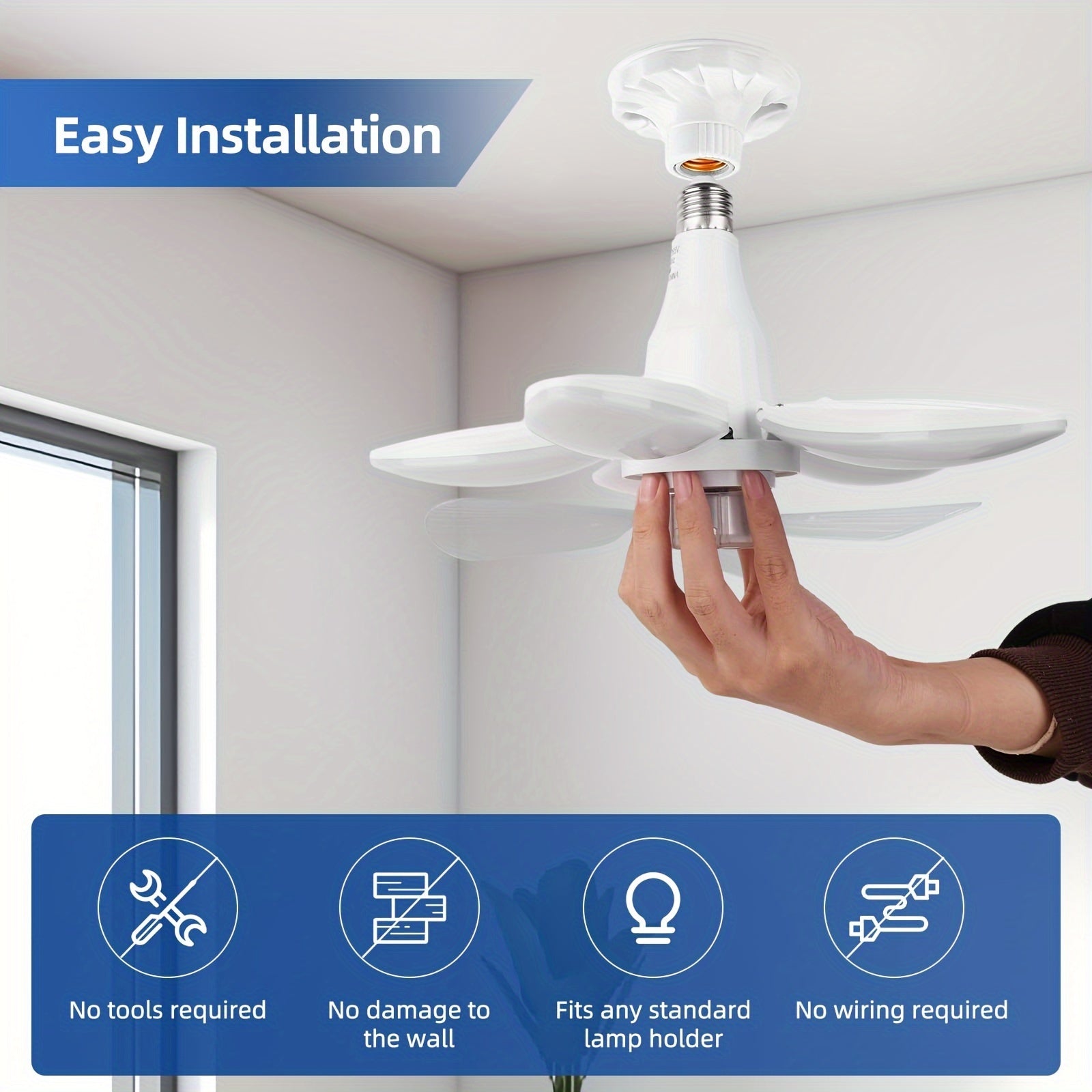 Wall Mounted Fan Light, Foldable Ceiling Fan with Light and Remote, Dimmable 4-Speed Silent Fan, Easy Install LED Bulb Ceiling Fan Replacement, 3000K-6500K Indoor Outdoor Use