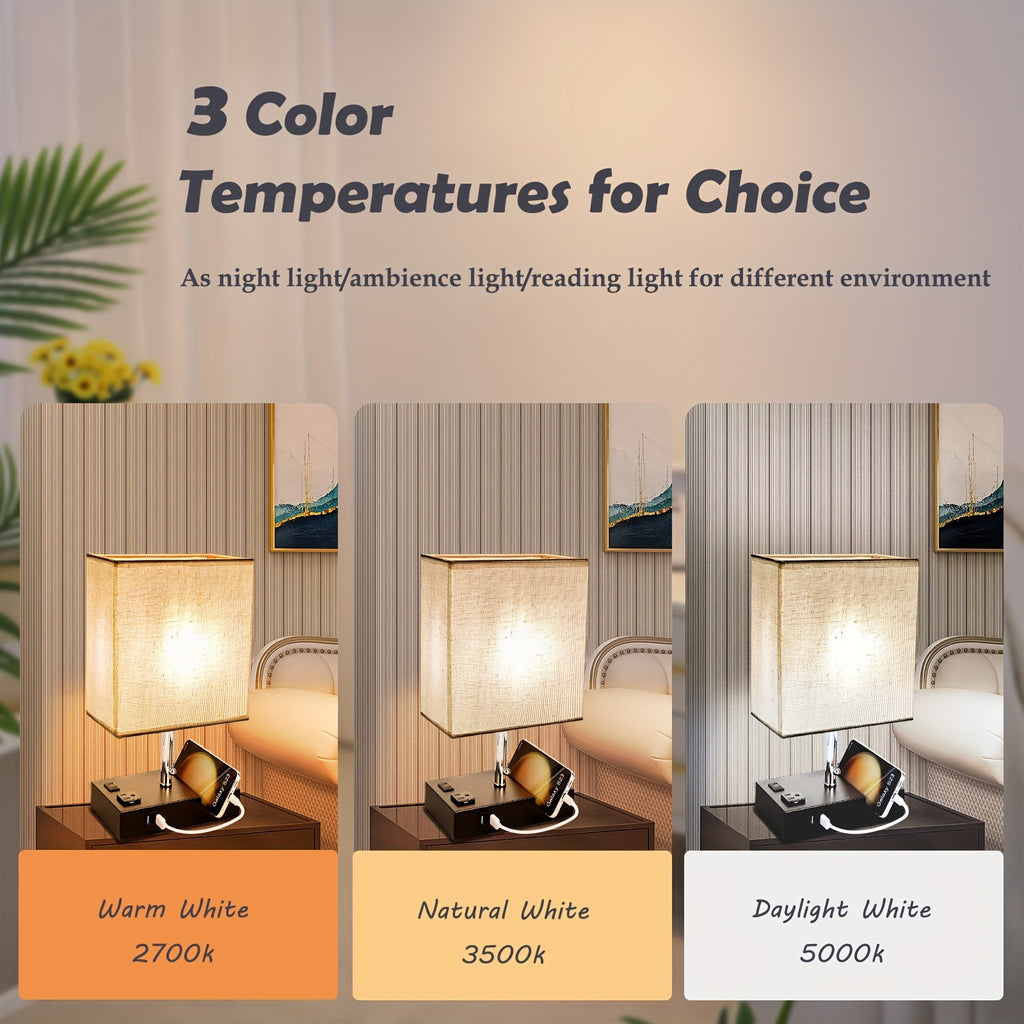 Large fabric table lamp, US standard, dual USB with AC 3-pin and 2-pin plug, with phone stand, with 3-color bulb