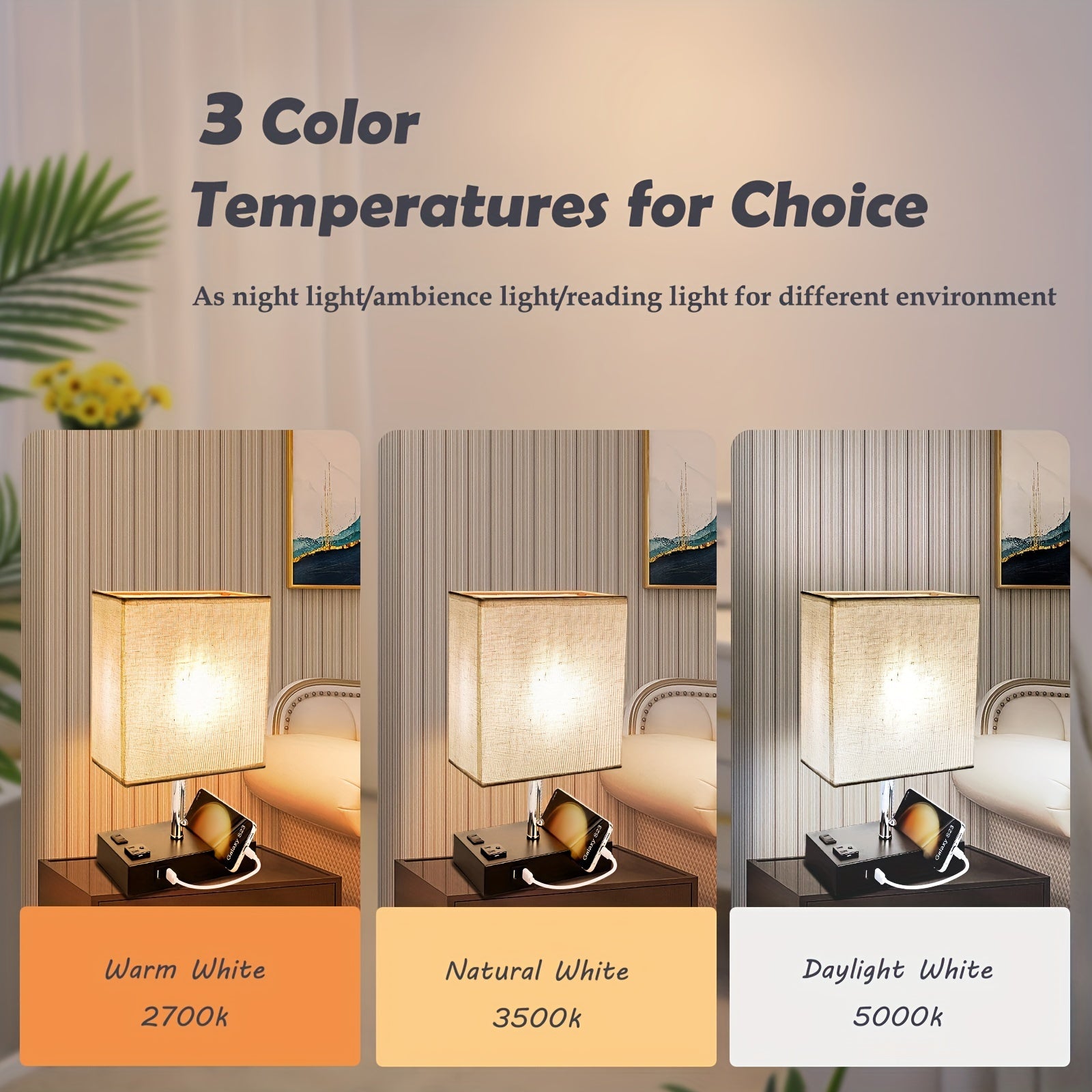Large fabric table lamp, US standard, dual USB with AC 3-pin and 2-pin plug, with phone stand, with 3-color bulb