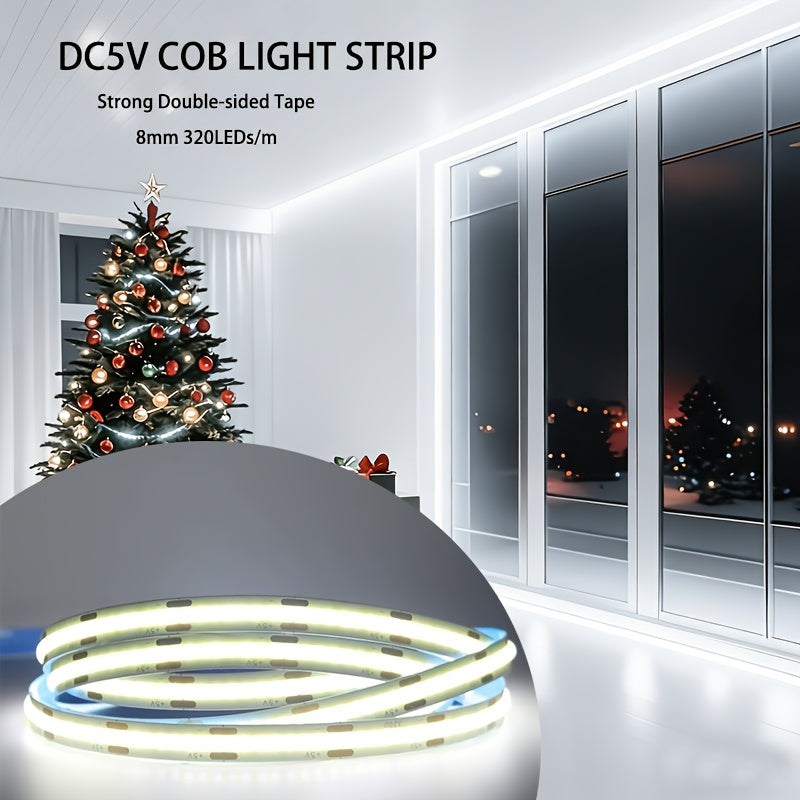 5V COB LED灯带，厚度8mm，提供超薄白色、暖光和中性光。这种柔性灯条非常适合家庭使用、派对、情人节、万圣节。