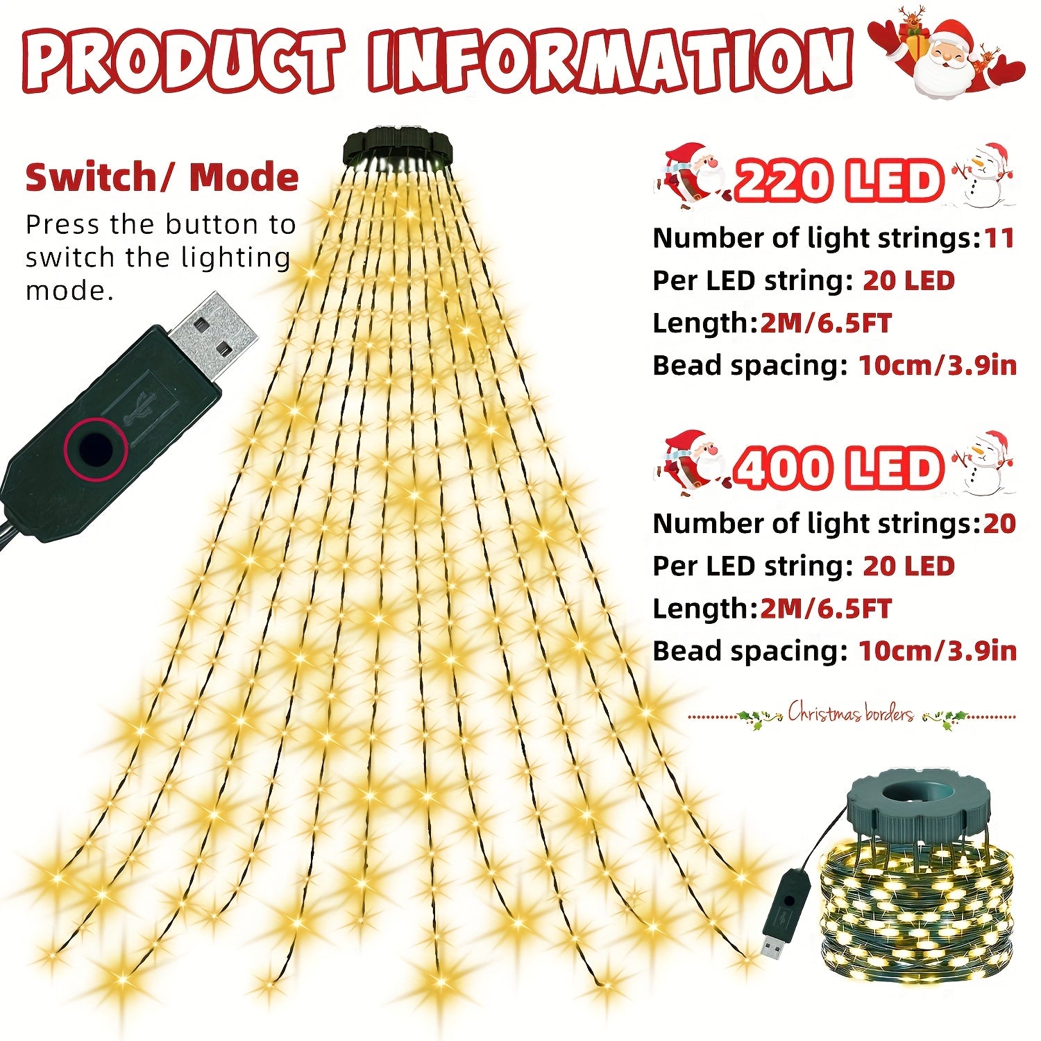 400/220 LED 圣诞室内灯串，20/11 串2M瀑布树灯，USB插头供电，高亮灯珠仙女灯串， 8 种模式，适用于花园、露台、家居、圣诞树装饰
