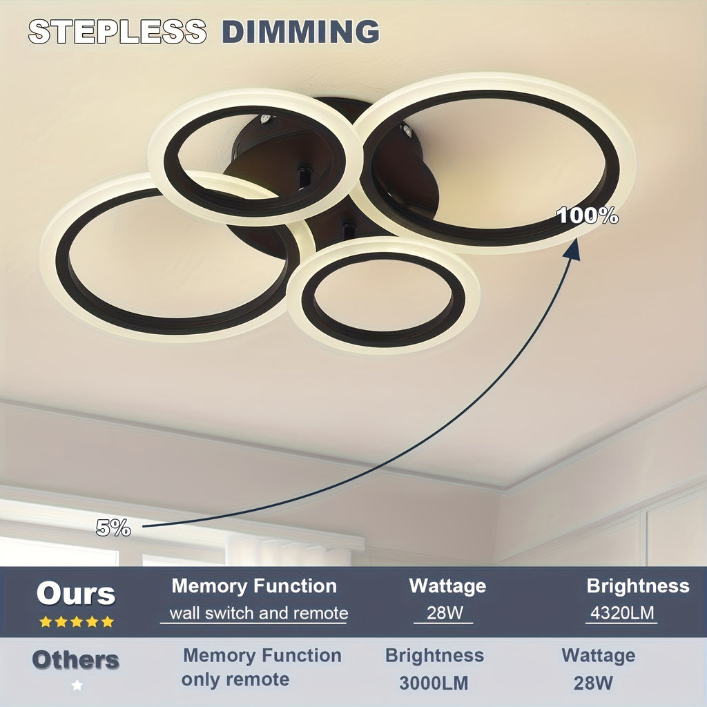 1pc-4 ring LED ceiling light, modern LED ceiling fixture, warm light, metal ceiling mount with detachable clips, suitable for kitchen, bedroom, living room, laundry room - mounting hardware included