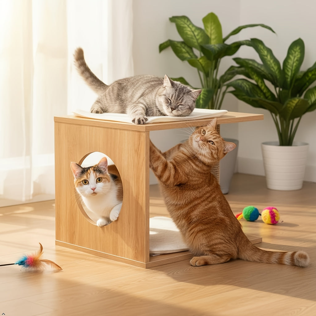 1个木制现代猫树和猫公寓 - 木制室内猫屋，舒适猫床，高架平台和集成猫抓柱 - 时尚猫咪家具