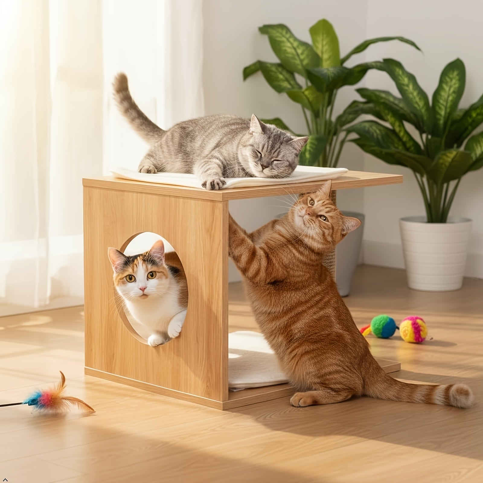 1个木制现代猫树和猫公寓 - 木制室内猫屋，舒适猫床，高架平台和集成猫抓柱 - 时尚猫咪家具