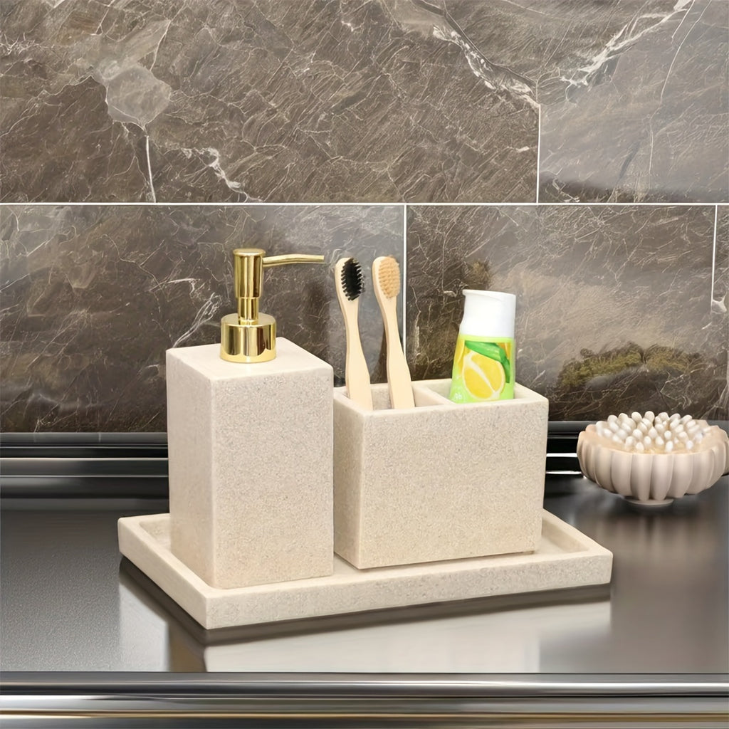 3-Piece Marble Grain Sandstone Finish Soap Dispenser & Toothbrush Holder Countertop Tray - Home Bathroom Apartment Decor Accessories, Soap Bottle Set