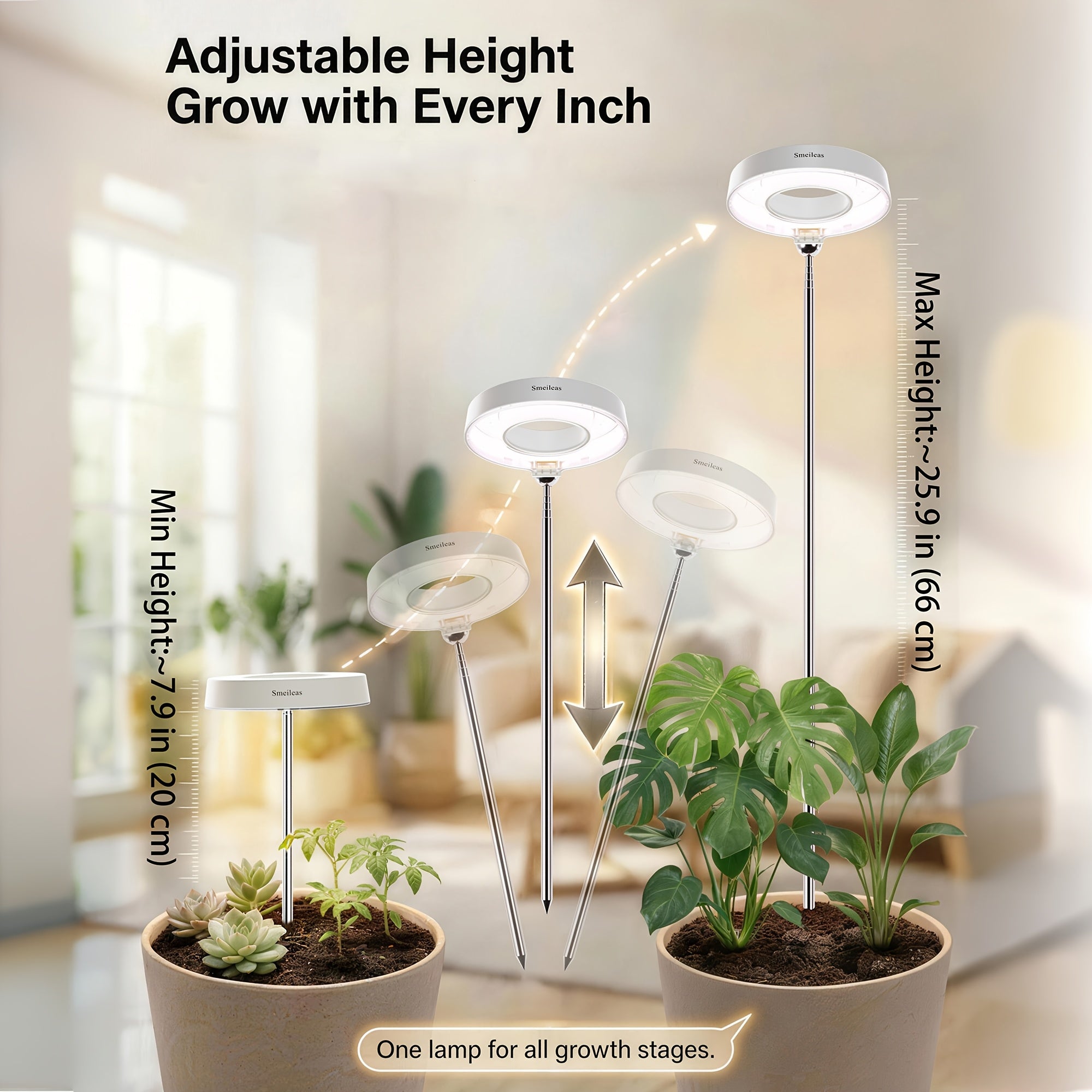 3-Pack Indoor Plant Grow Light, 720° Magnetic Mount Head, Full Spectrum, Height Adjustable, 3/6/9H Timer & Brightness Dimmable, for Tall Floor Plants, White