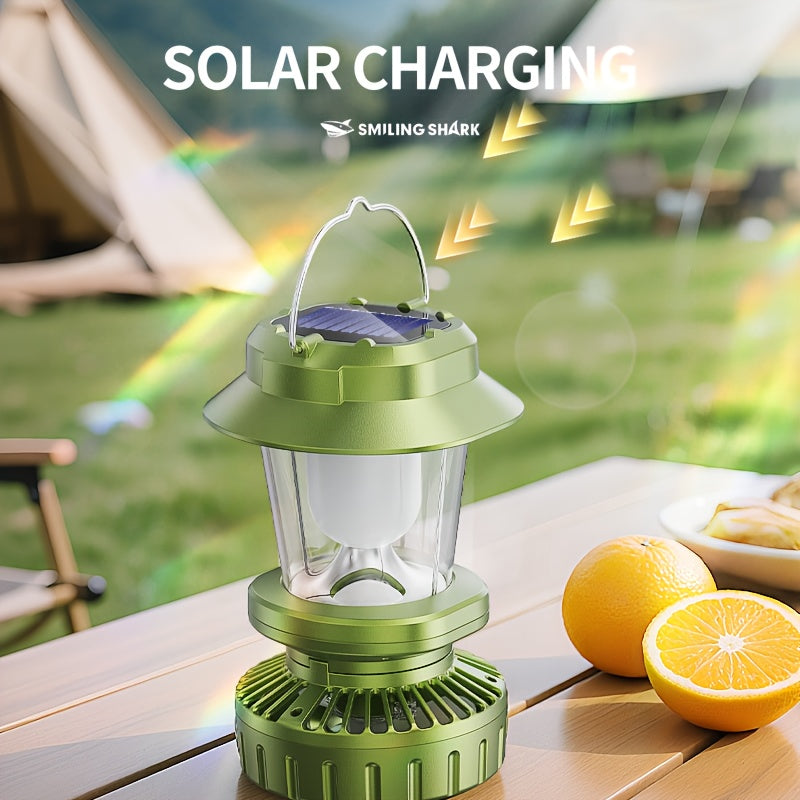 1 Smiling Shark Rechargeable Fan Light - Type-C Solar Charging, 5 Modes LED Flashlight & Cooling Fan, Built-in Lithium Battery, Portable Camping Lantern, Ideal for Tent, Outdoor, Hiking, Emergency (Power Supply)