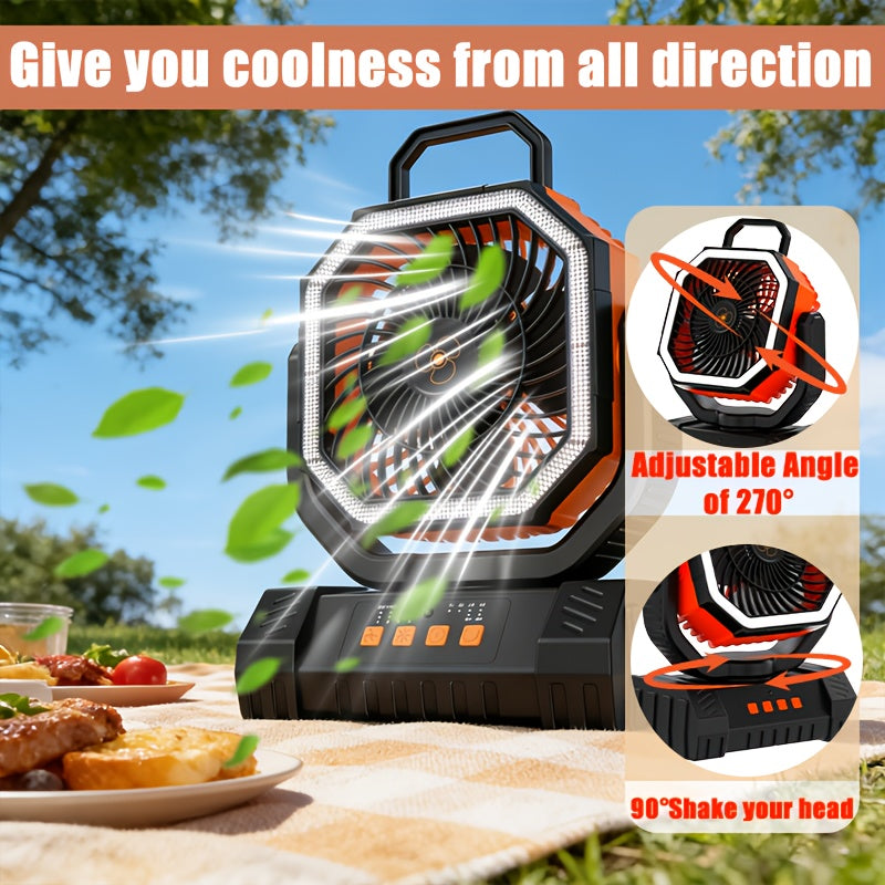 Outdoor Fan, Portable Rechargeable Fan 20000mAh Battery Powered Camping Fan - Cooling, Battery Powered Desktop Fan with 4 Speeds, Bright Light & Hook, Portable for Tent Outdoor Hurricane Power Outage
