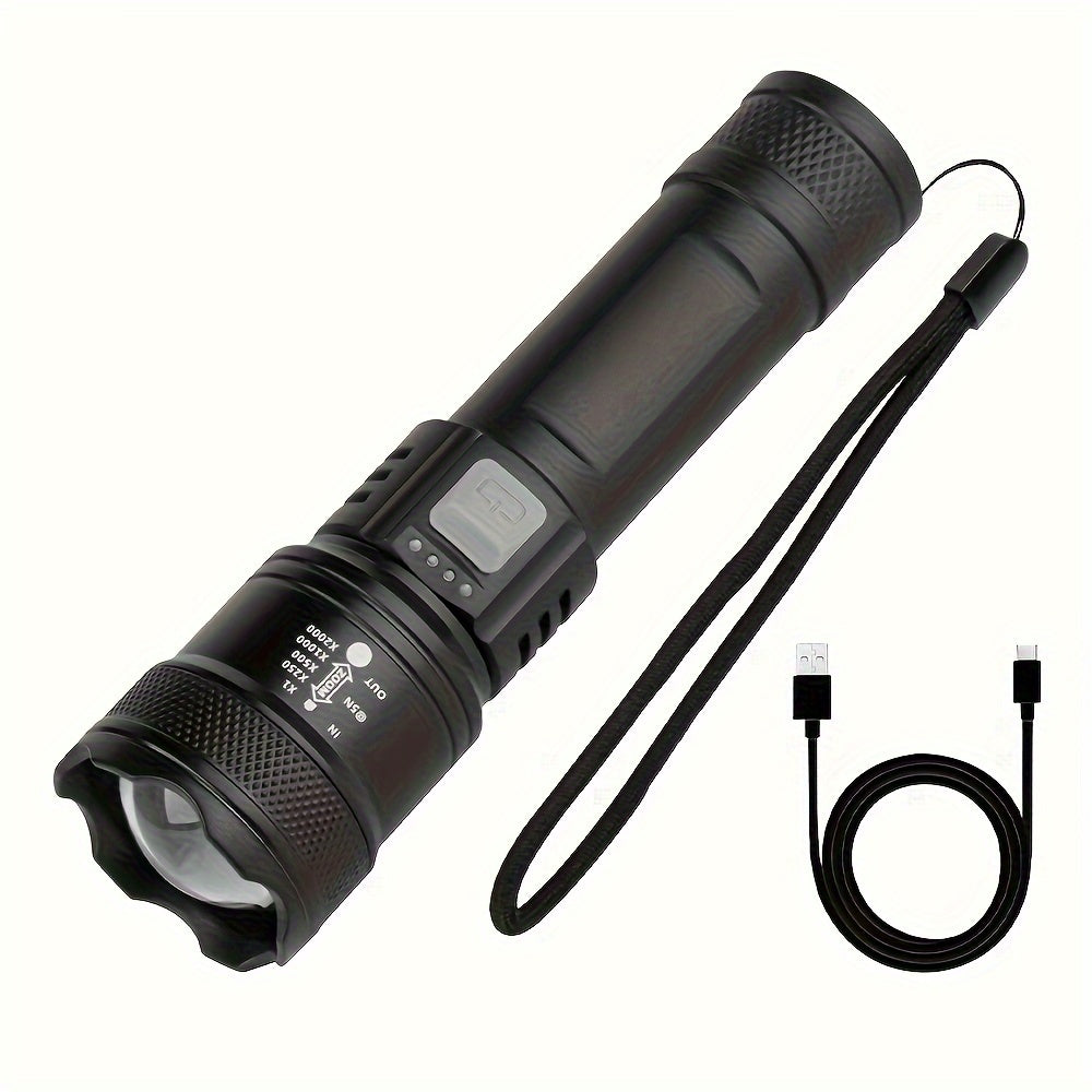 Ultra Powerful XHP50 LED Flashlight, Built-in Rechargeable Battery, Super Bright Zoomable Light, Perfect for Camping, IP65 Waterproof