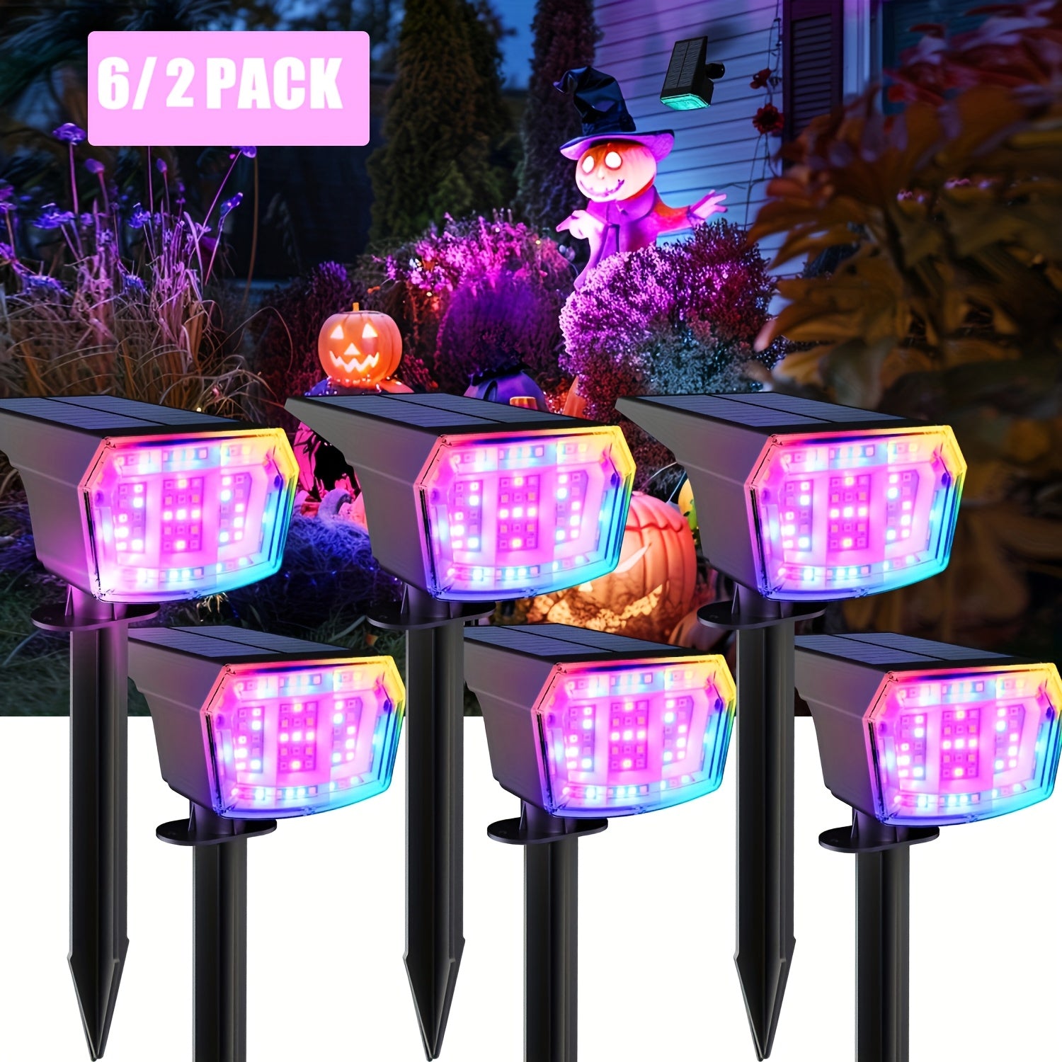 6-Piece Solar Spotlight Outdoor IP65 Waterproof, 9 Lighting Modes RGB Color Changing, Solar Landscape Spotlight 63 LED Warm White Light Courtyard Light – Perfect Choice for Halloween Christmas Decoration