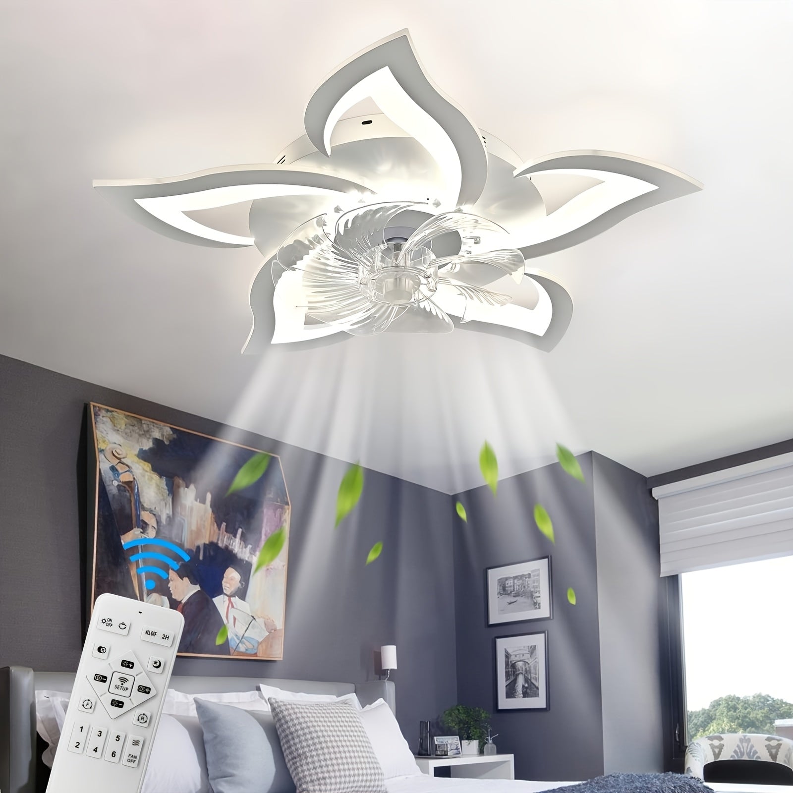 31.1 Inch Remote Control Ceiling Fan with Light, Decorative Style Ceiling Fan, 3 Colors Available, 6 Speed Settings, Modern Indoor Flush Mount Ceiling Fan