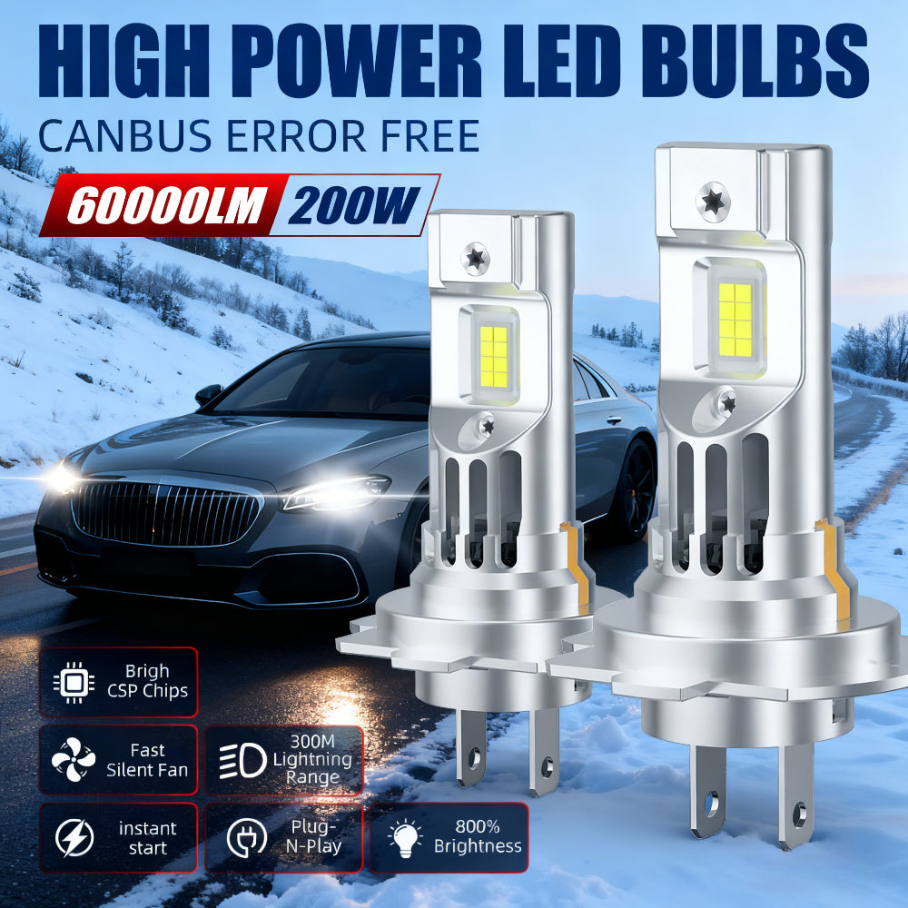 2 High Power CSP Chip LED Car Lights Canbus Error-Free 200W 60000 Lumens High Brightness LED Bulbs, Equipped with Fast Silent Cooling Fan, 300m Stable Illumination Distance, Plug-and-Play, 800% Reliable Brightness