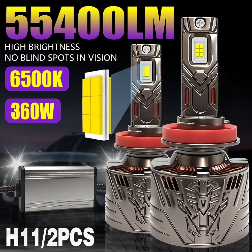 2-Pack, H11 Car Headlights, H4 LED Headlights, 55400 Lumens, 6500K White Light, 3570CSP Chip, 600% Brightness Increase. Models include H1, H4/9003/HB2, H7/H18, H8/H9/H11/H16, 9005/HB3, 9006/HB4 and 9012/HIR2