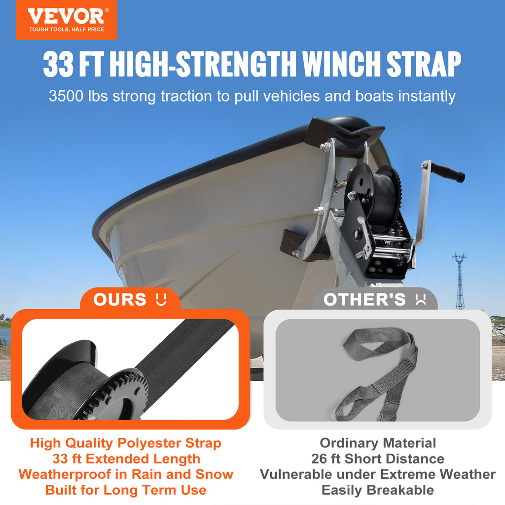 VEVOR Hand Winch, 1200/1600/2000/3500 lbs Pulling Capacity, Boat Trailer Winch with 23 ft Polyester Strap and Two-Way Ratchet, for Trailer, Boat or ATV Towing