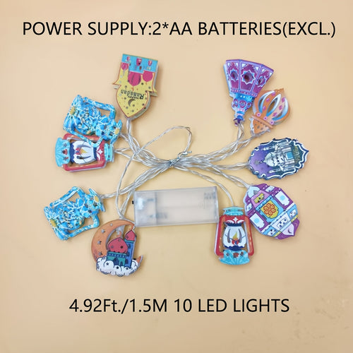 1PC 色彩缤纷的 LED 照明中东和印度风格灯笼串灯- 59 英寸，带有 10 个 LED 灯，电池供电（不含电池），充满活力的阿拉伯宫殿设计，带有彩色玻璃图案,非常适合斋戒月装饰、穆斯林节日、家庭氛围和伊斯兰庆祝活动、商业装饰、婚礼、斋月节，情人节，酒吧、随机风格