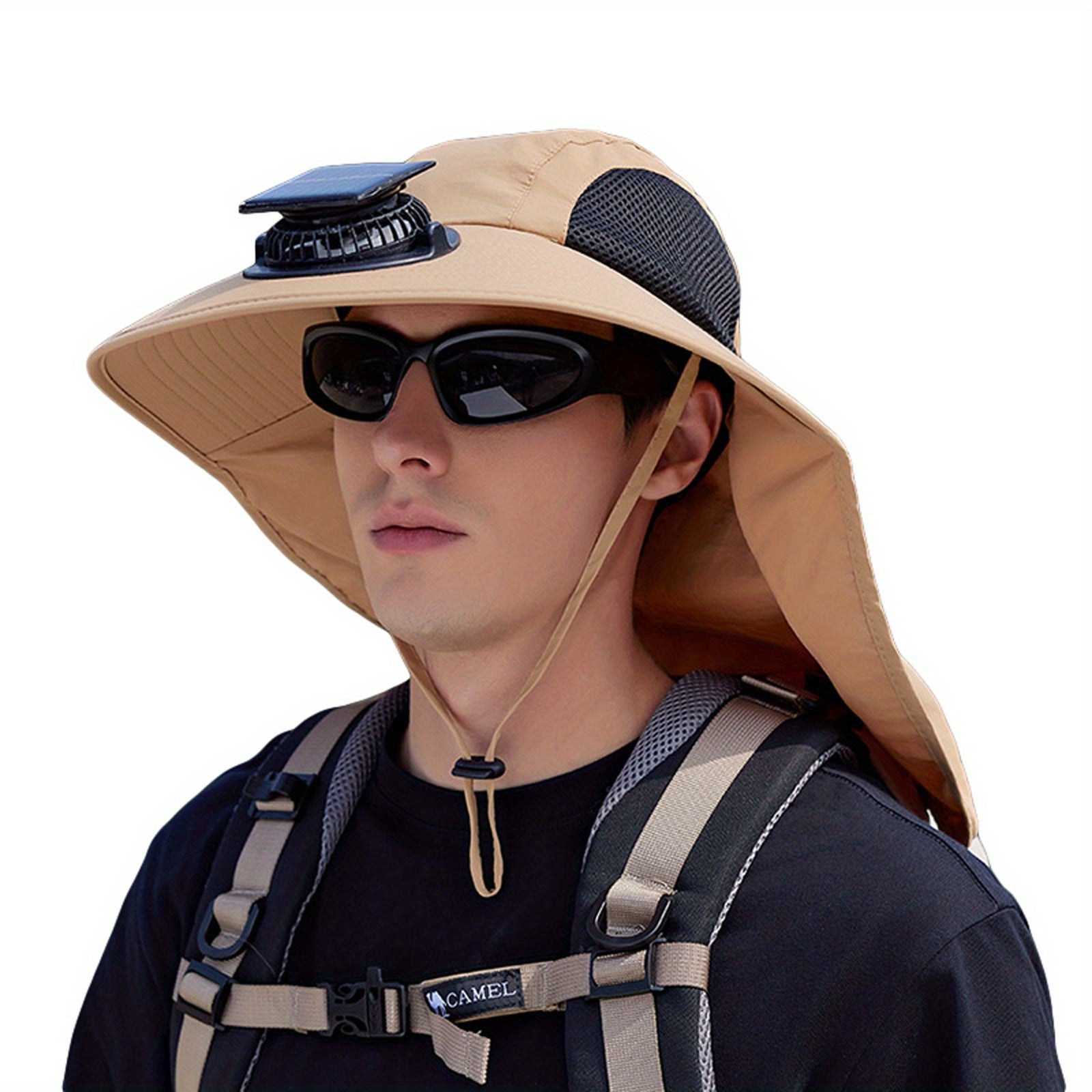 Men's Sun Hat with Solar Fan, Wide Brim Outdoor Boonie Hat, Lightweight African Safari Hat