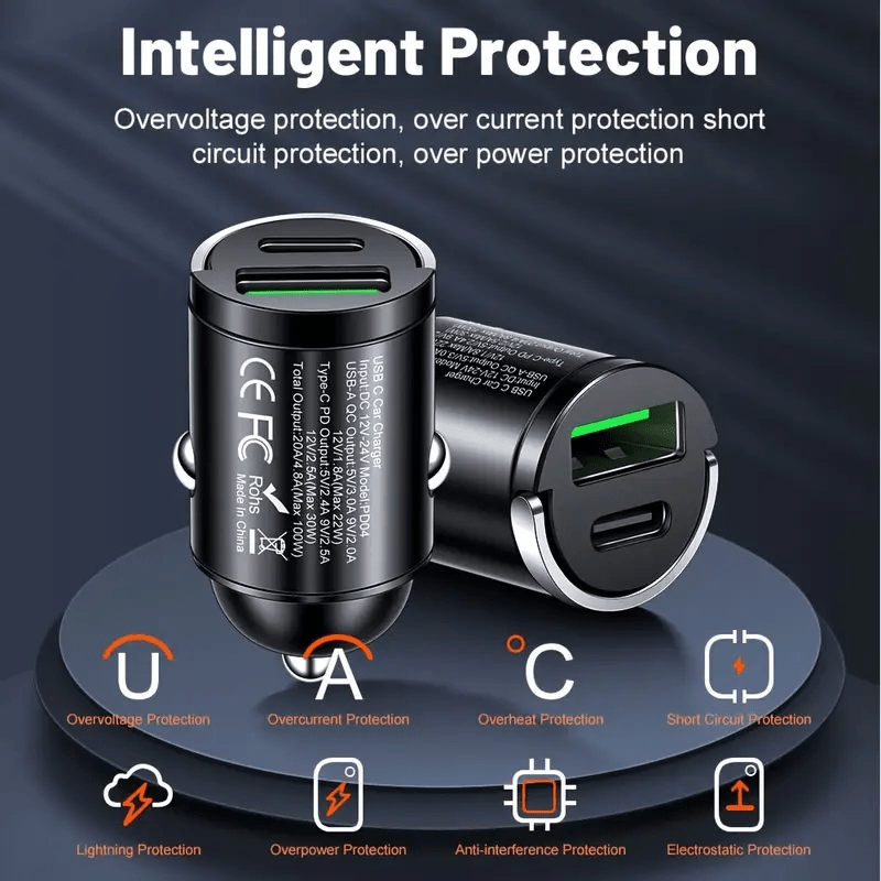100W Fast Car Charger, Type-C Quick Charge, Ultra-Mini Pull-Ring Design, PD3.0 Dual-Port Adapter, Compatible with iPhone 14/13 Pro Max, iPad, Samsung, MacBook – No Battery Required