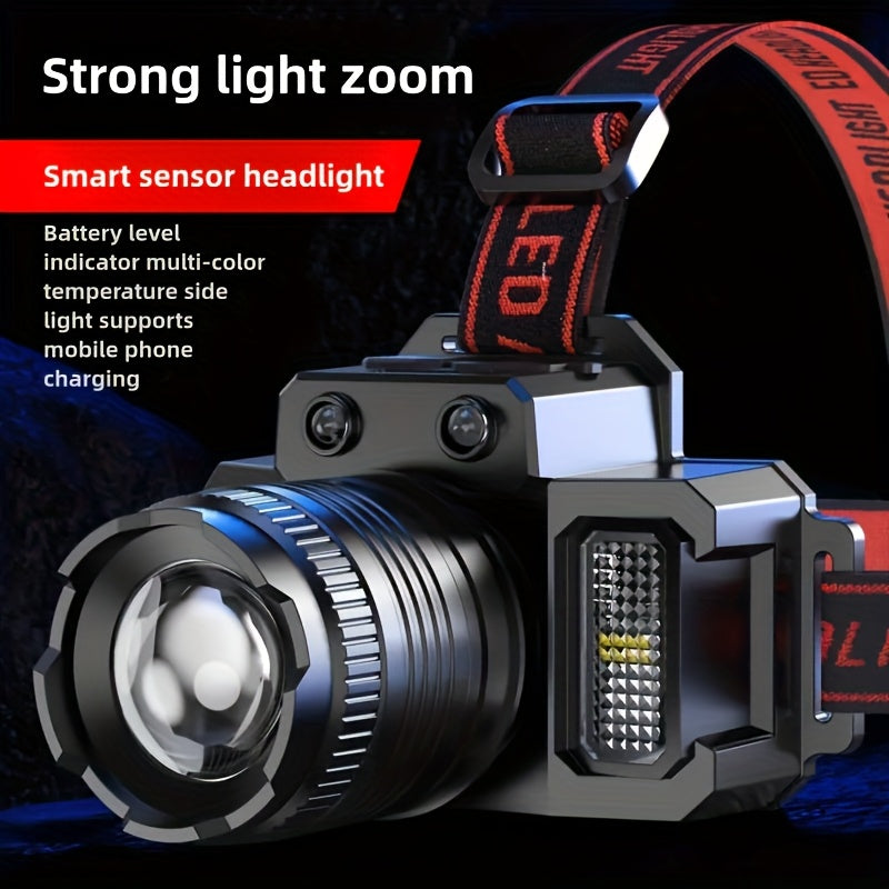 Portable Lightweight Multifunctional LED Headlamp with Motion Sensor, Rechargeable Rotatable Head, 5 Lighting Modes, Ideal for Outdoor Fishing, Adventure, Emergency and Camping