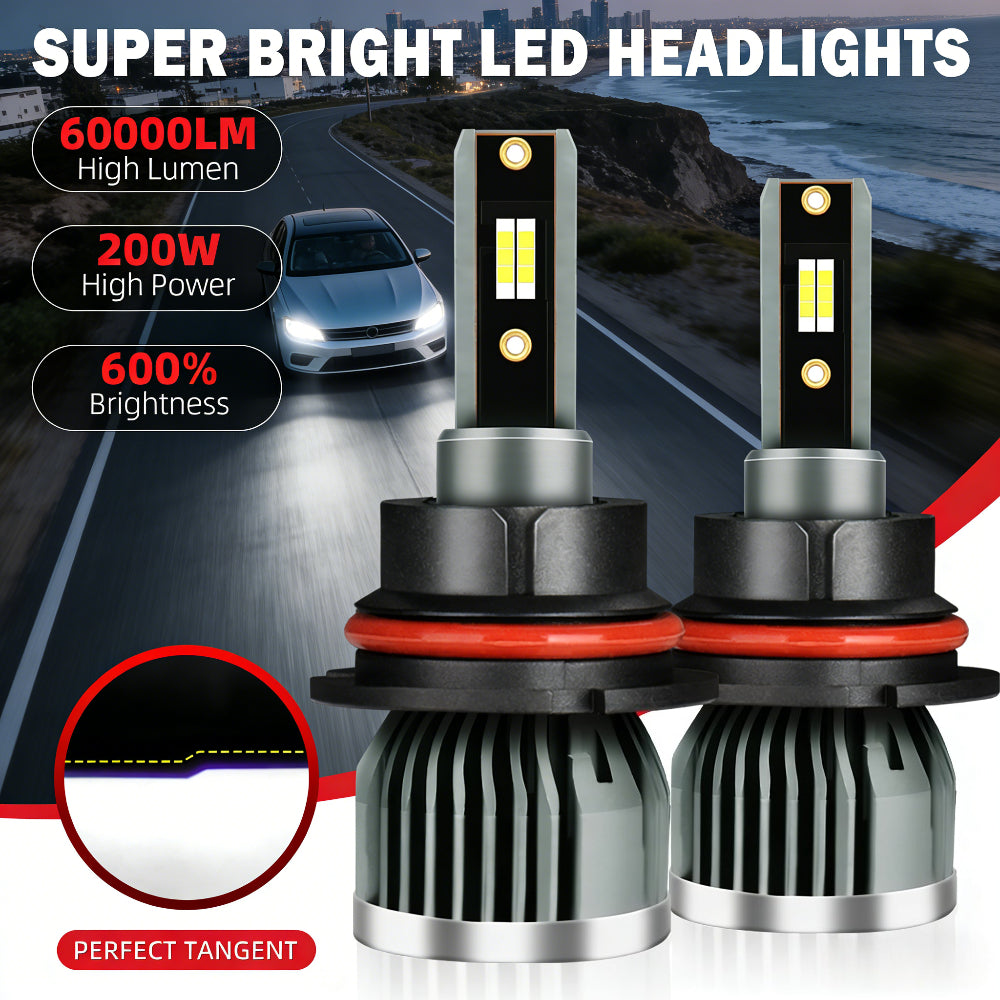 -Pack LED Headlights 60000 Lumens High Brightness 200W High Power 600% Brightness Increase 6000K White Light Output Equipped with High-Efficiency Turbo Fan Cooling Design Fits Most Car Models Plug-and-Play