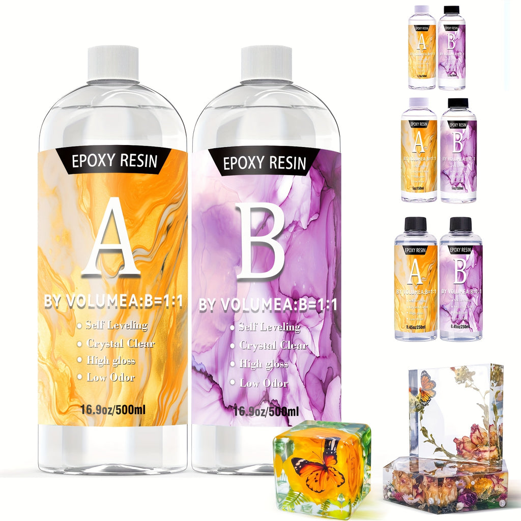 100ml/300ml/500ml/1000ml晶莹剔透的环氧树脂 - 自流平、高光泽、不发黄、无气泡铸造树脂，非常适合工艺品、桌面、DIY 1:1 比例