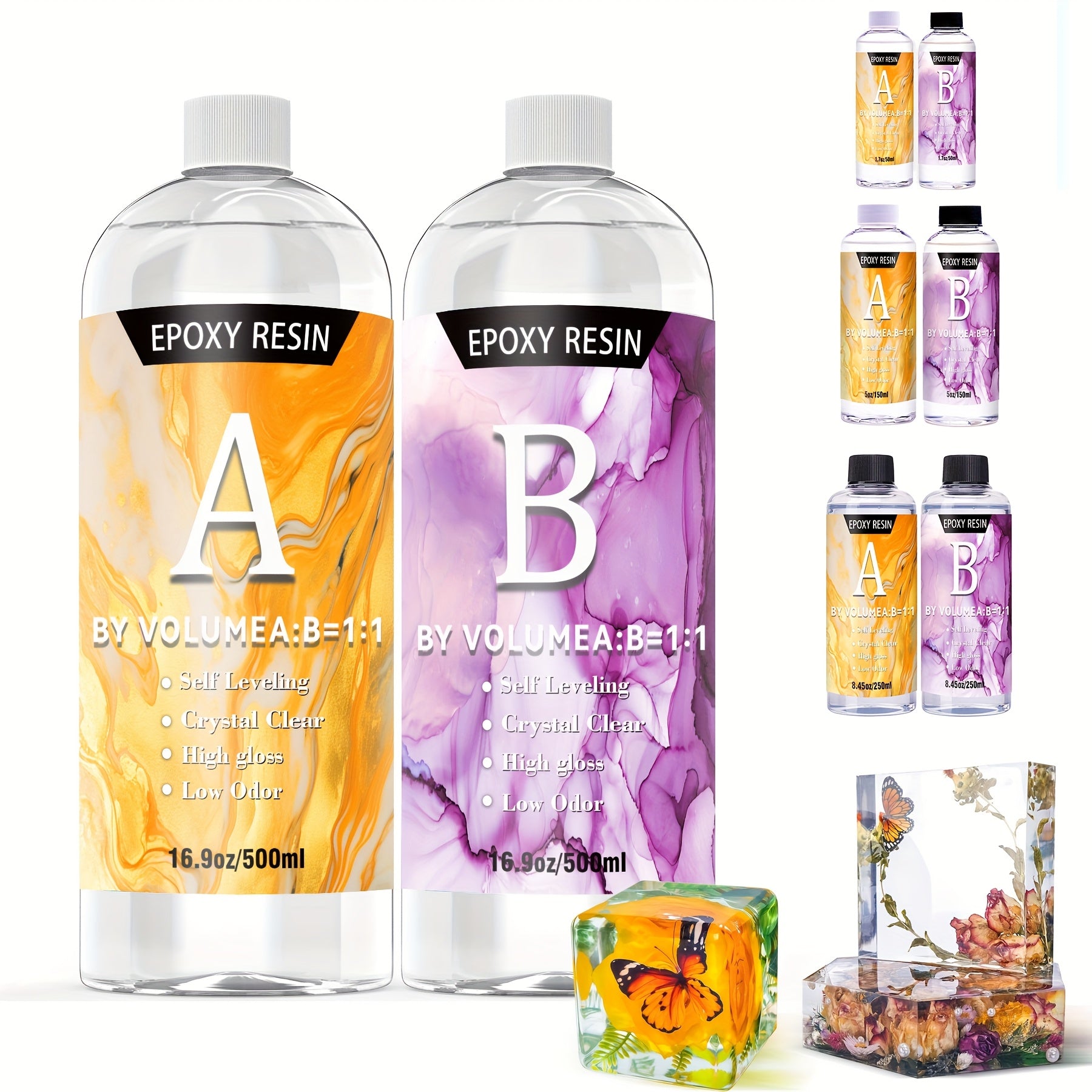 100ml/300ml/500ml/1000ml晶莹剔透的环氧树脂 - 自流平、高光泽、不发黄、无气泡铸造树脂，非常适合工艺品、桌面、DIY 1:1 比例