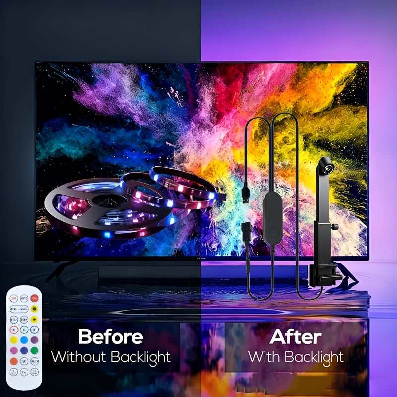 150inch USB智能LED灯带，带摄像头，适用于屏幕电视，电脑、大屏智能氛围灯带，舞台智能灯带，拾取屏幕色彩，LED条形灯与屏幕和音乐同步，遥控+线控