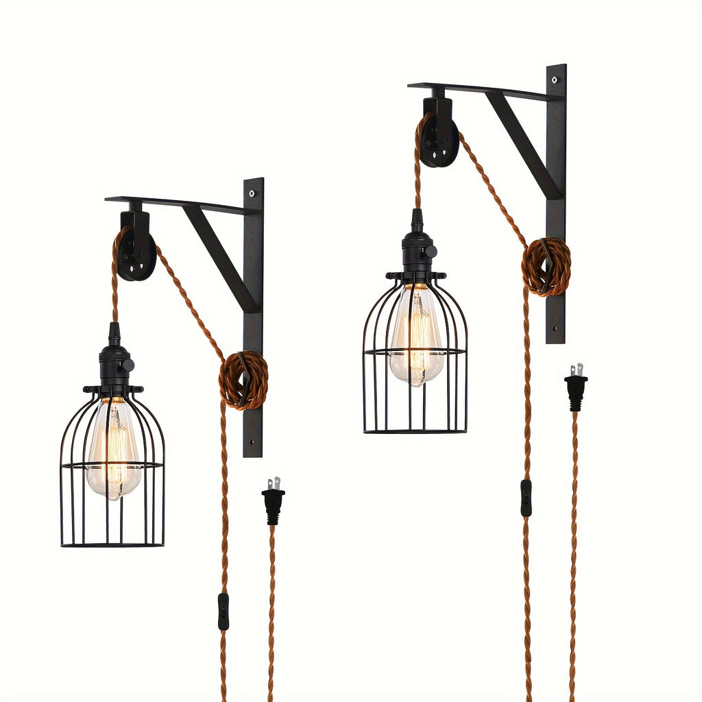1/2-Piece Farmhouse Style Plug-In Pulley Pendant Light, with Brown Cord and Switch Wall Light