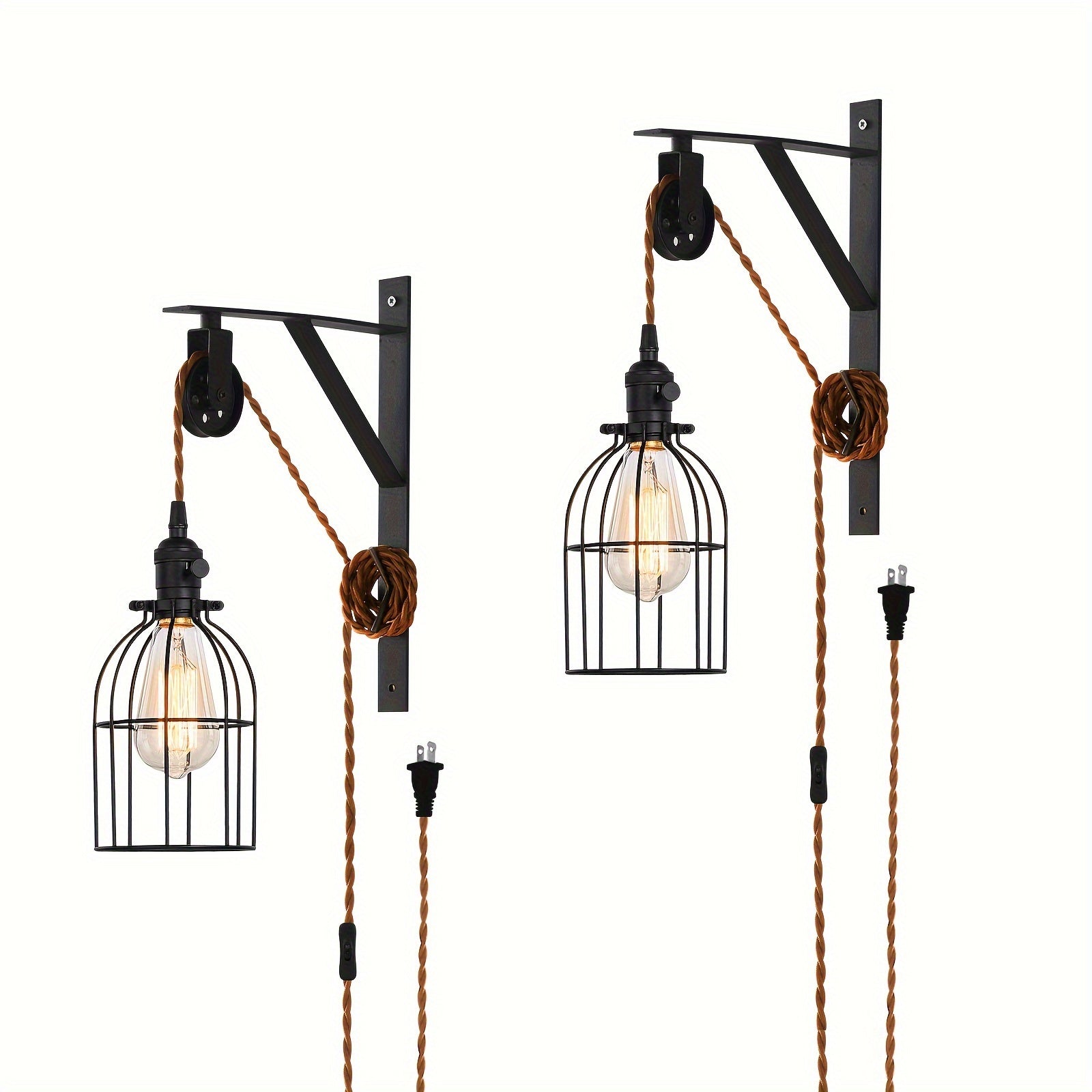 1/2-Piece Farmhouse Style Plug-In Pulley Pendant Light, with Brown Cord and Switch Wall Light