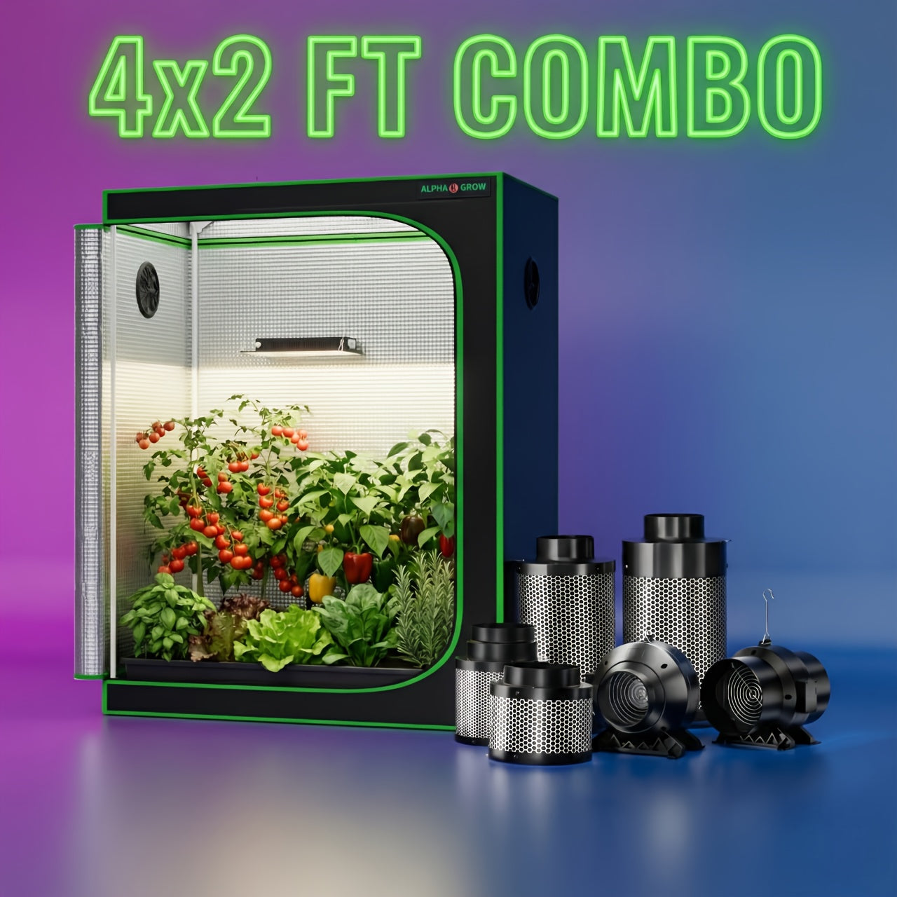 1800D Material 48x24x60 Inch (≈4x2 Ft) Hydroponic Grow Tent, Optional Accessory Kit: 100W Dimmable LED Light, 8ft Ducting, 4"/6" Vents, Optional Standard Independent Fan & Filter Combo or New Integrated Fan-Filter Unit