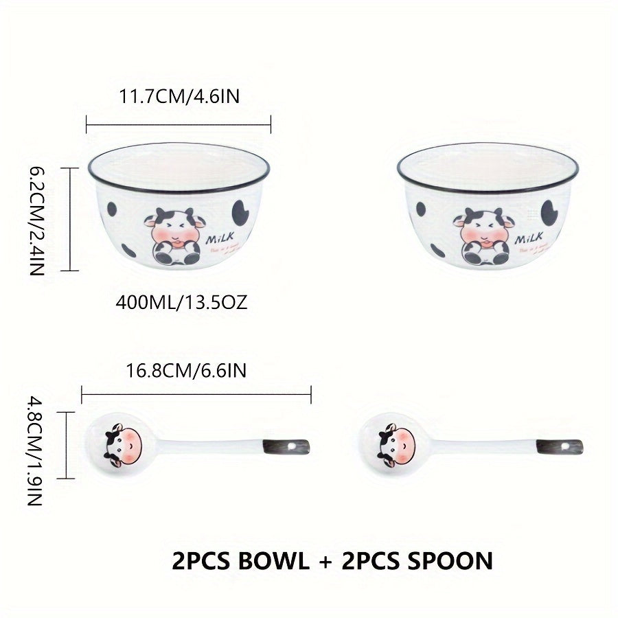 DUDU Cow Ceramic Dinnerware – 3/4pcs, Cute Cartoon Style, Rice Bowl / Salad Bowl / Soup Bowl / Handle Bowl, Small Spoon – Perfect for Dormitory or College Students