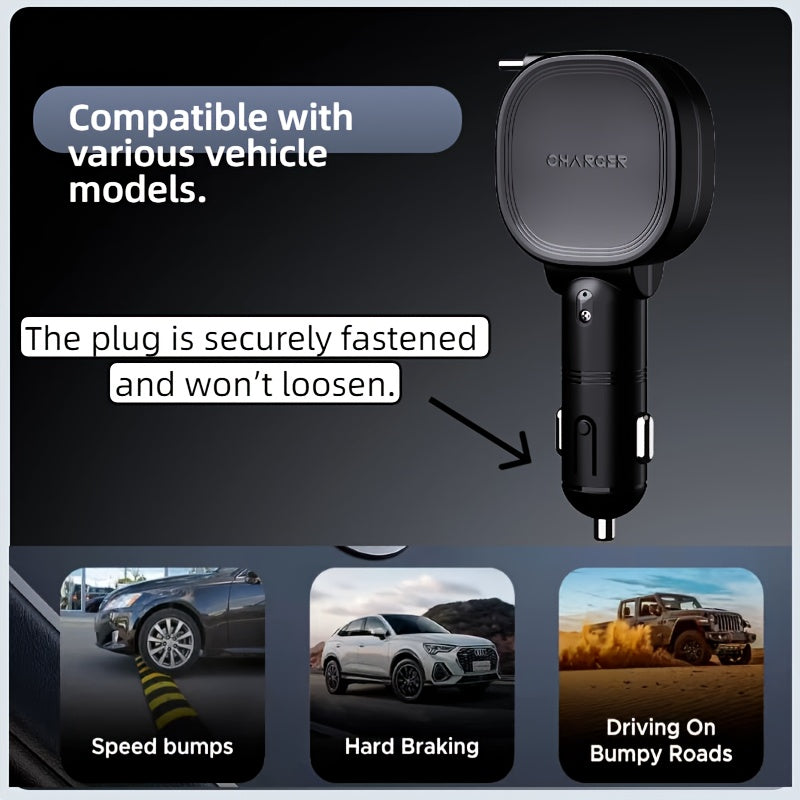 SAN.COMO Dual-Port Car Charger with Retractable Type-C Cable (70cm / 27.55 Inches), Supports 45W Maximum Power Output, Fast Charging, Extended USB-A Port, Overvoltage Protection, an Efficient In-Car Charging Companion, Suitable for iPhone and Various